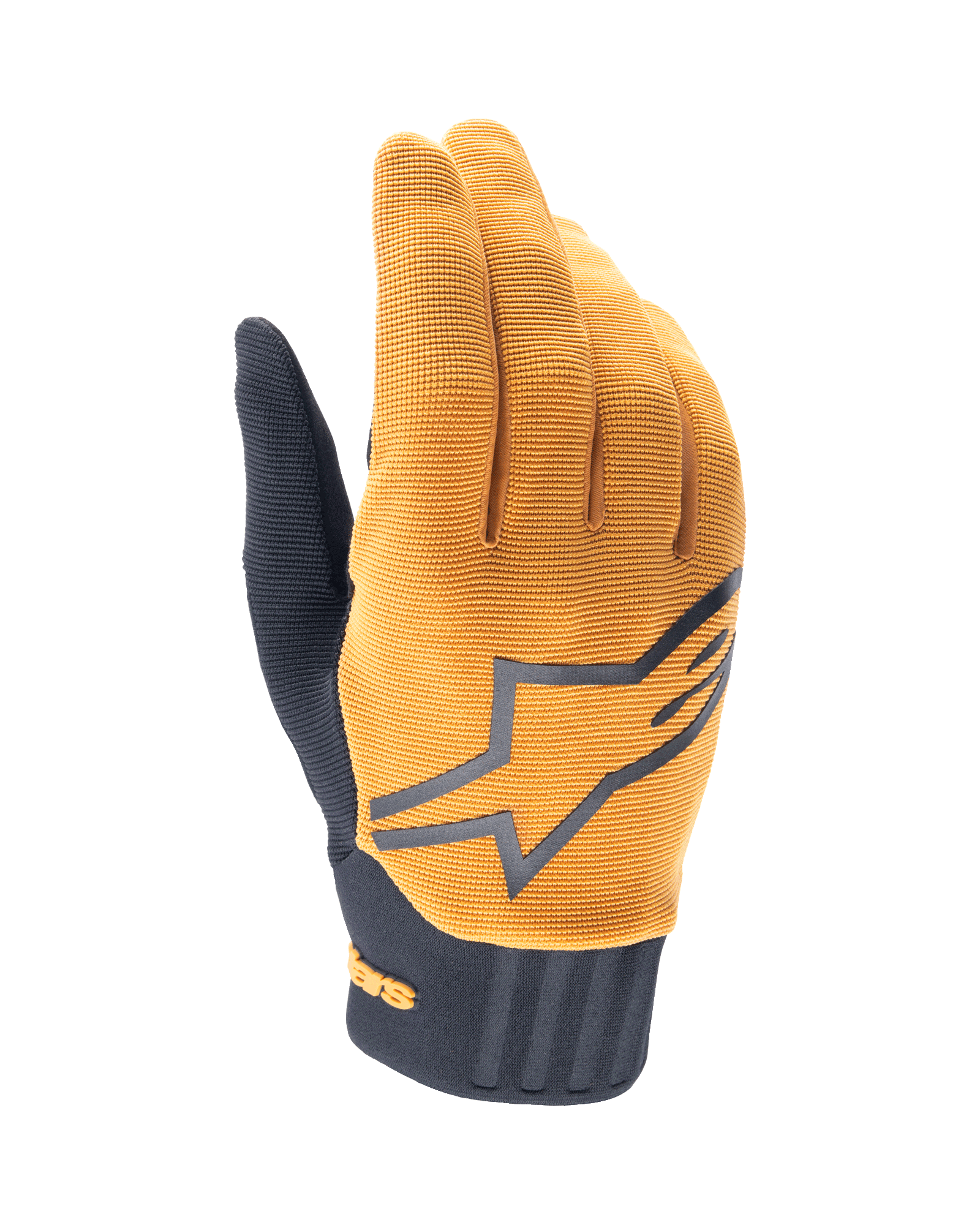 Alpinestars A-Dura handsker, MTB-mountainbikehandsker, mørk guld og sort, overdel i struktureret guldstof med et stort gråt Alpinestars-logo, sort neoprenmanchet, designet til greb og mobilitet ved off-road cykling