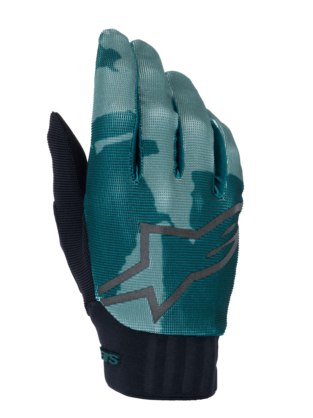 Alpinestars A-Dura handsker, MTB-mountainbikehandsker, Green Camo, turkis og mørkegrønt camouflagemønster med et stort gråt stjernelogo, sort ribbet neoprenmanchet, teknisk udstyr til terrænkørsel