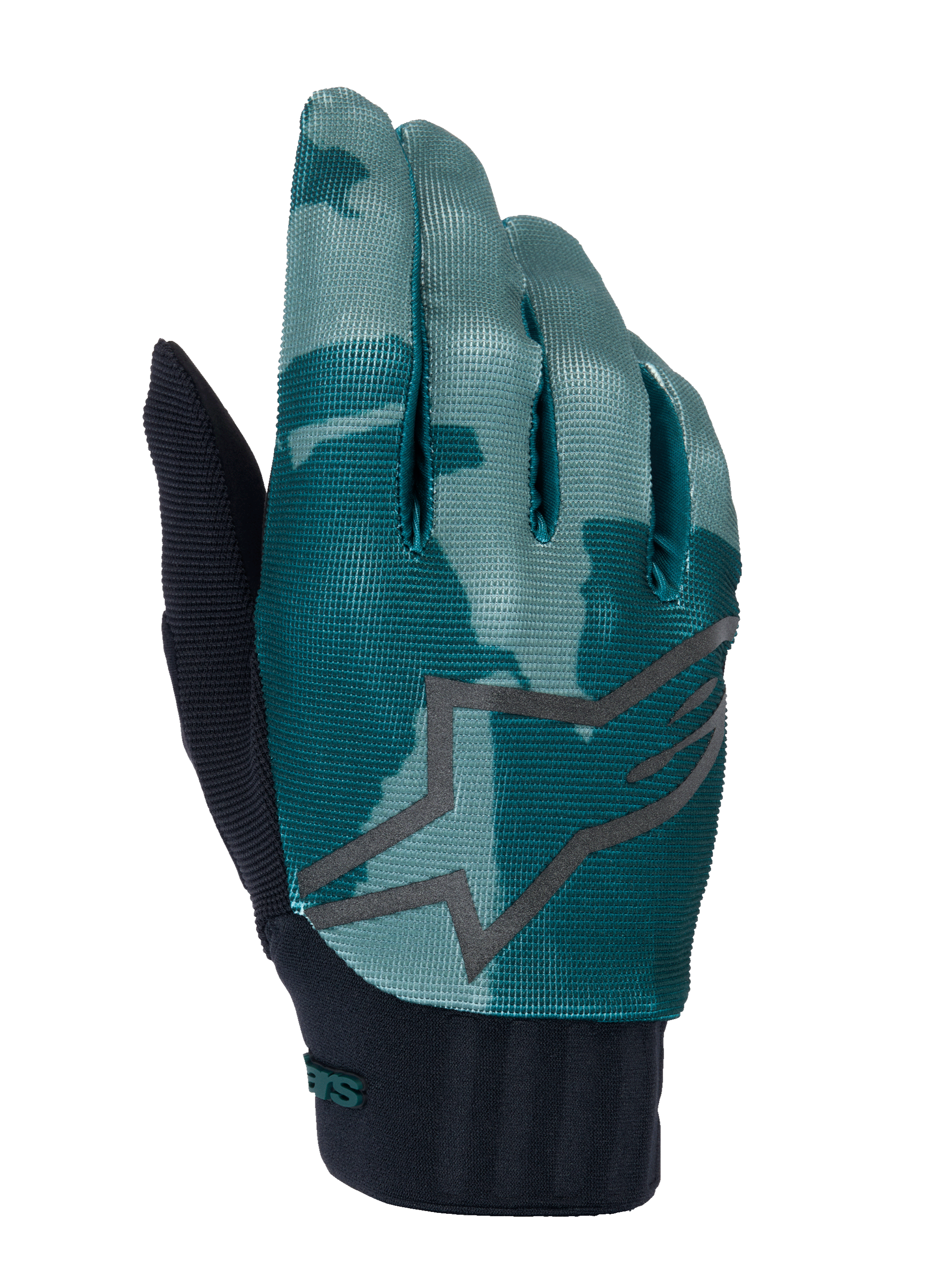 Alpinestars A-Dura handsker, MTB-mountainbikehandsker, Green Camo, turkis og mørkegrønt camouflagemønster med et stort gråt stjernelogo, sort ribbet neoprenmanchet, teknisk udstyr til terrænkørsel