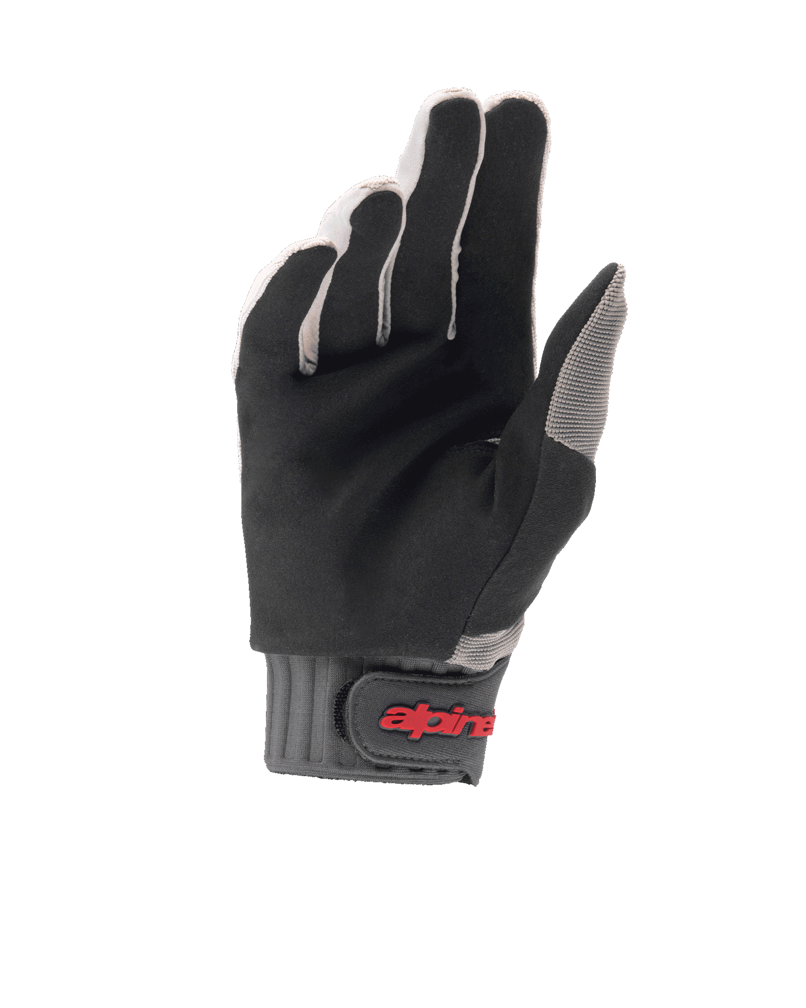 Alpinestars A-Dura Gloves, MTB Cycling Gloves, Light Gray and Black, palm view highlighting durable synthetic suede, gray ribbed cuff with hook-and-loop closure and red logo, designed for mountain bike grip and comfort