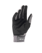 Alpinestars A-Dura Gel-handsker, lysegrå og sorte mountainbikehandsker, håndfladevisning med sort syntetisk ruskind og gel-indlægspolstring, neoprenmanchet med krog-og-løkke-lukning ved håndleddet og branding, ergonomisk cykeludstyr