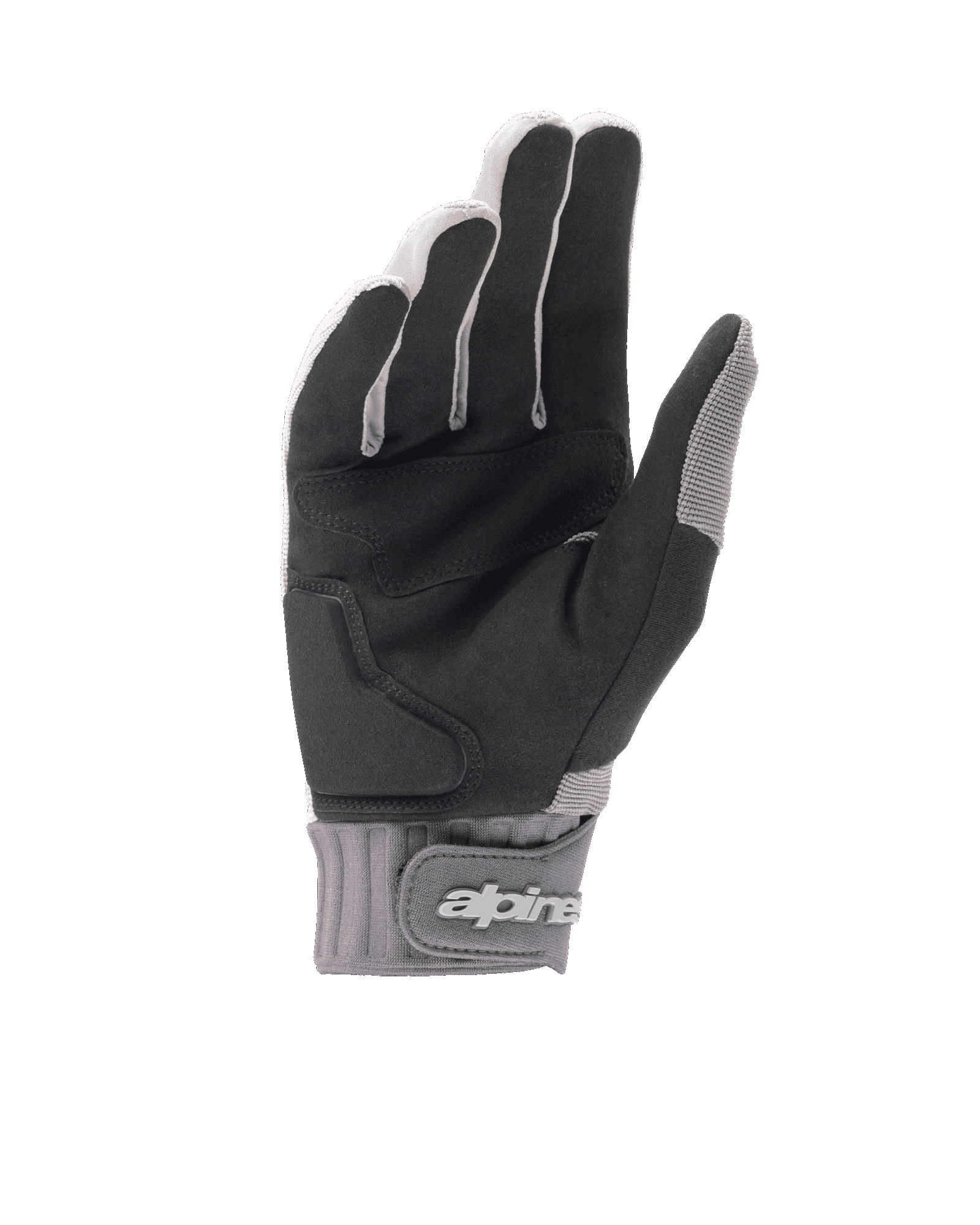 Alpinestars A-Dura Gel-handsker, lysegrå og sorte mountainbikehandsker, håndfladevisning med sort syntetisk ruskind og gel-indlægspolstring, neoprenmanchet med krog-og-løkke-lukning ved håndleddet og branding, ergonomisk cykeludstyr