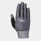 Alpinestars Stella Alderex Pro handsker til kvinder, MTB-handsker, antracitgrå, med diagonal tekstureret overdel med hvidt Alpinestars-logo, sort frottéklud på tommelfingeren og manchet med abstrakt mønster, off-road cykeludstyr