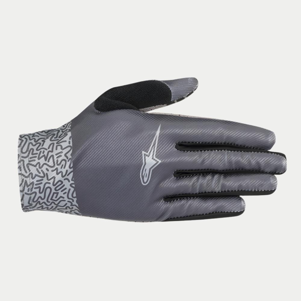 Alpinestars Stella Alderex Pro handsker til kvinder, MTB-handsker, antracitgrå, med diagonal tekstureret overdel med hvidt Alpinestars-logo, sort frottéklud på tommelfingeren og manchet med abstrakt mønster, off-road cykeludstyr