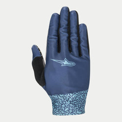 Alpinestars Stella Alderex Pro Gloves, Women's MTB Gloves, Mid Blue, featuring a dark blue textured backhand with a light blue star logo, light blue patterned cuff, and black thumb patch, designed for off-road cycling