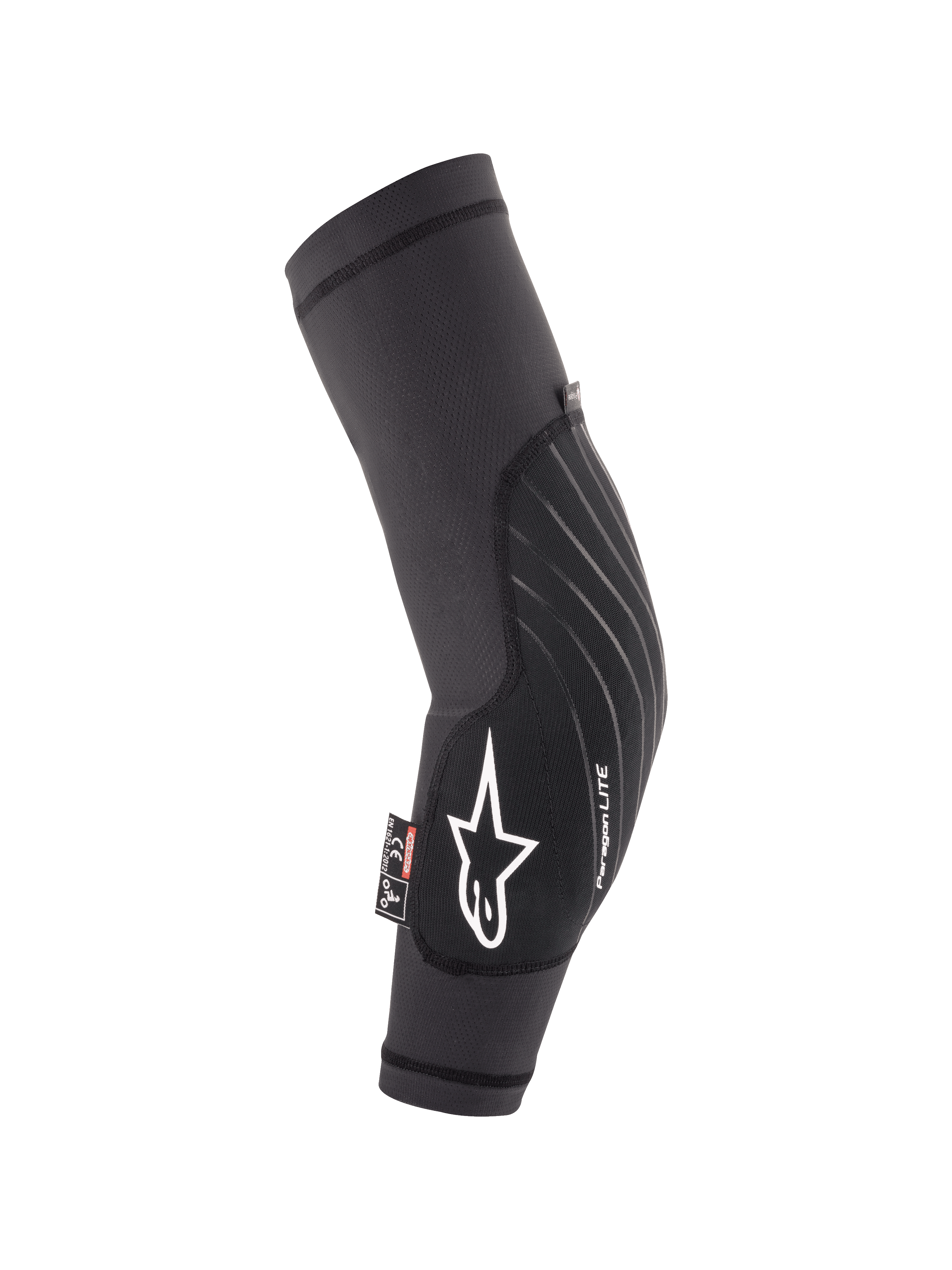 Alpinestars Youth Paragon Lite albuebeskyttere, sort, letvægts MTB mountainbike-beskyttelse, åndbart mesh-ærme med hvidt stjerne-logo og Paragon LITE-branding, ergonomisk buet design med slidstærkt frontpanel