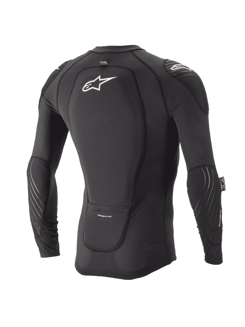 Alpinestars Youth Paragon Lite beskyttelsesjakke, langærmet, sort, set bagfra med integreret rygbeskytter og hvidt logo, åndbare mesh-ærmer med albuepolstring, letvægts MTB-kropsbeskyttelse