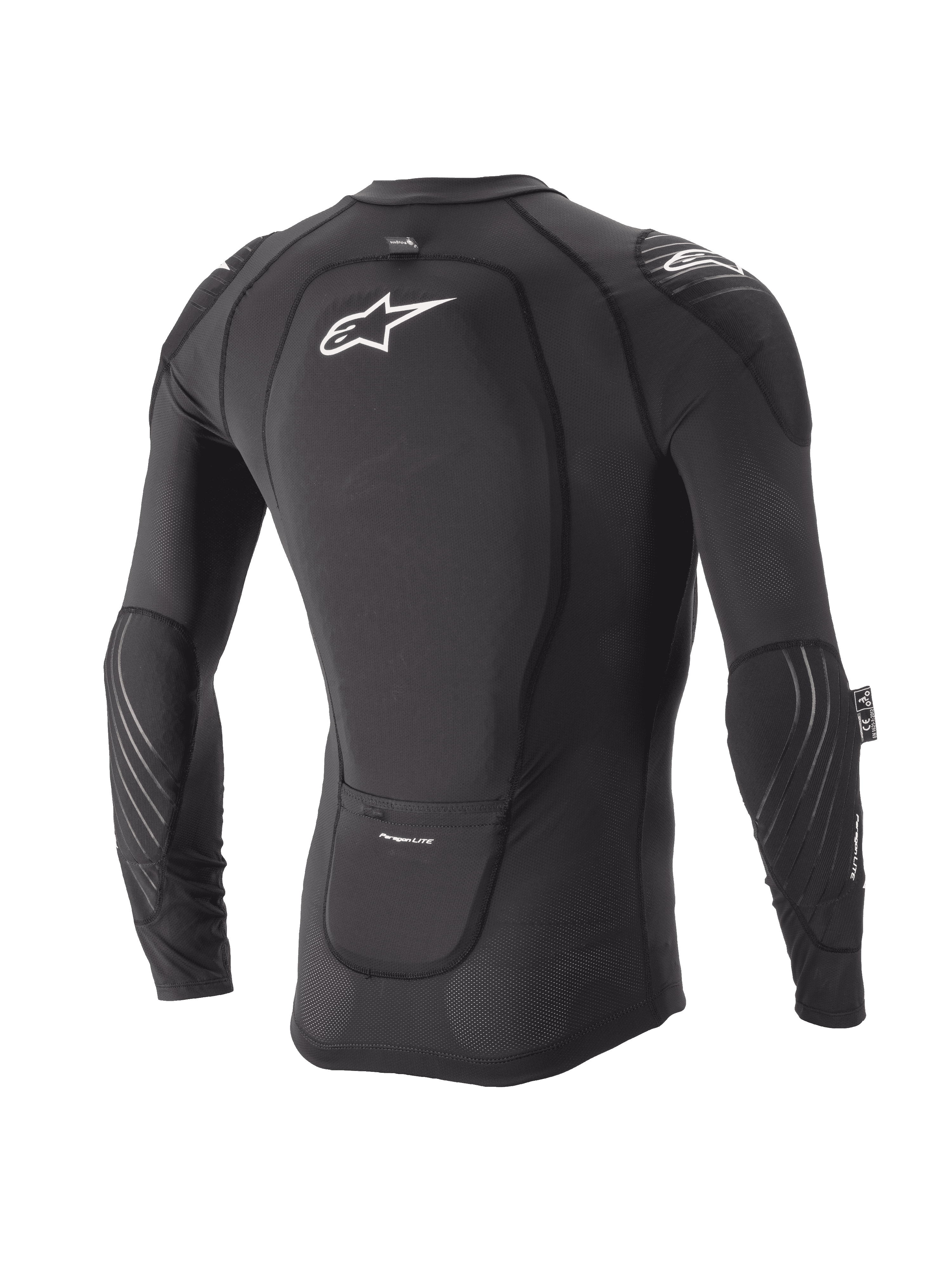 Alpinestars Youth Paragon Lite beskyttelsesjakke, langærmet, sort, set bagfra med integreret rygbeskytter og hvidt logo, åndbare mesh-ærmer med albuepolstring, letvægts MTB-kropsbeskyttelse