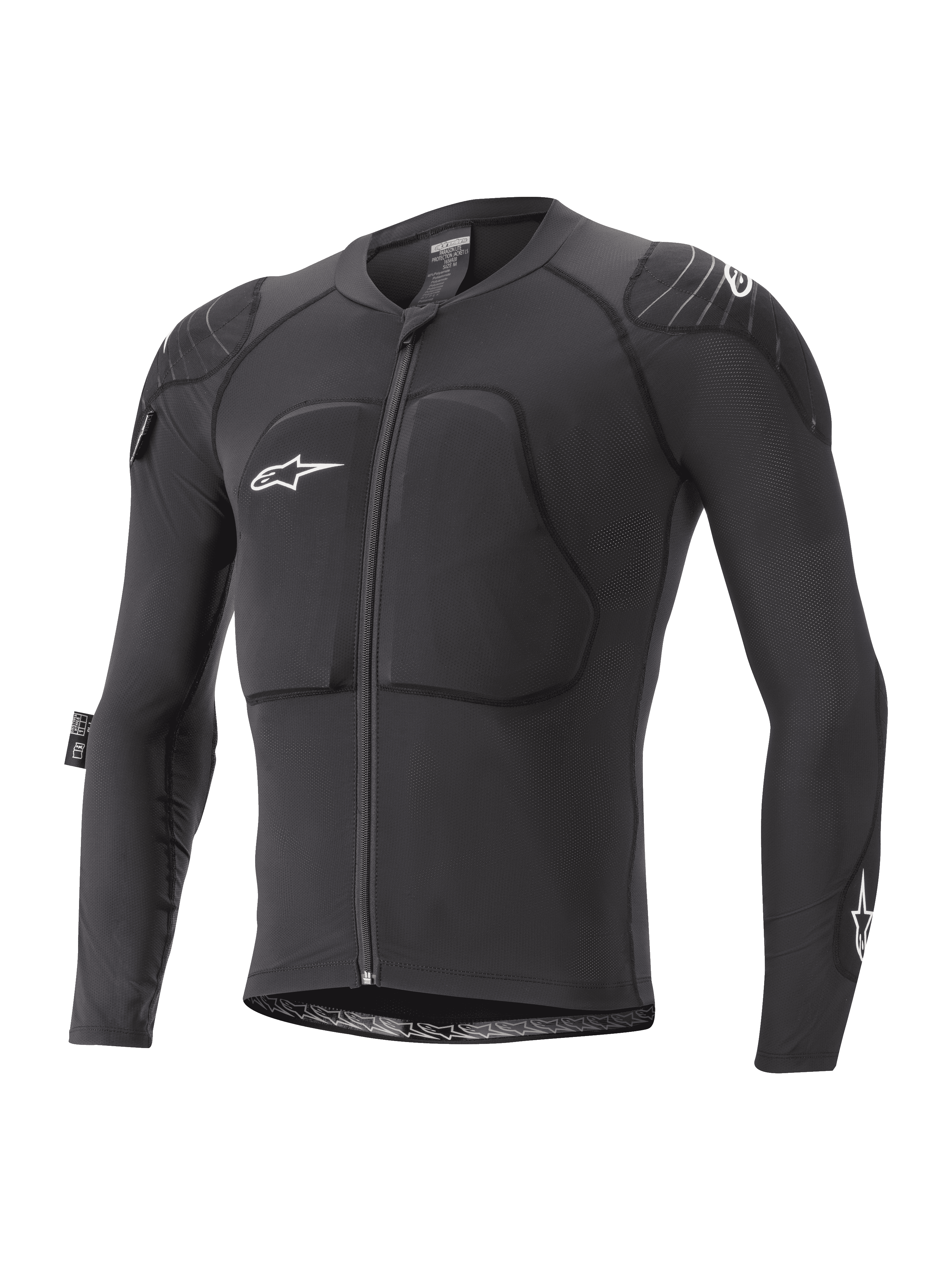 Alpinestars Youth Paragon Lite beskyttelsesjakke, langærmet MTB-beskyttelsesjakke, sort med hvide logoer, lynlås foran, polstret bryst- og skulderbeskyttelse, åndbare mesh-ærmer, let og fleksibelt design til mountainbiking for unge