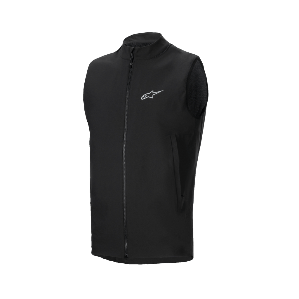 Alpinestars A-Dura Thermal Vest, sort cykelvest, med gennemgående lynlås foran og lille reflekterende Alpinestars-logo på brystet, sidelommer med lynlås, let isoleret design til mountainbike-kørsel i koldt vejr