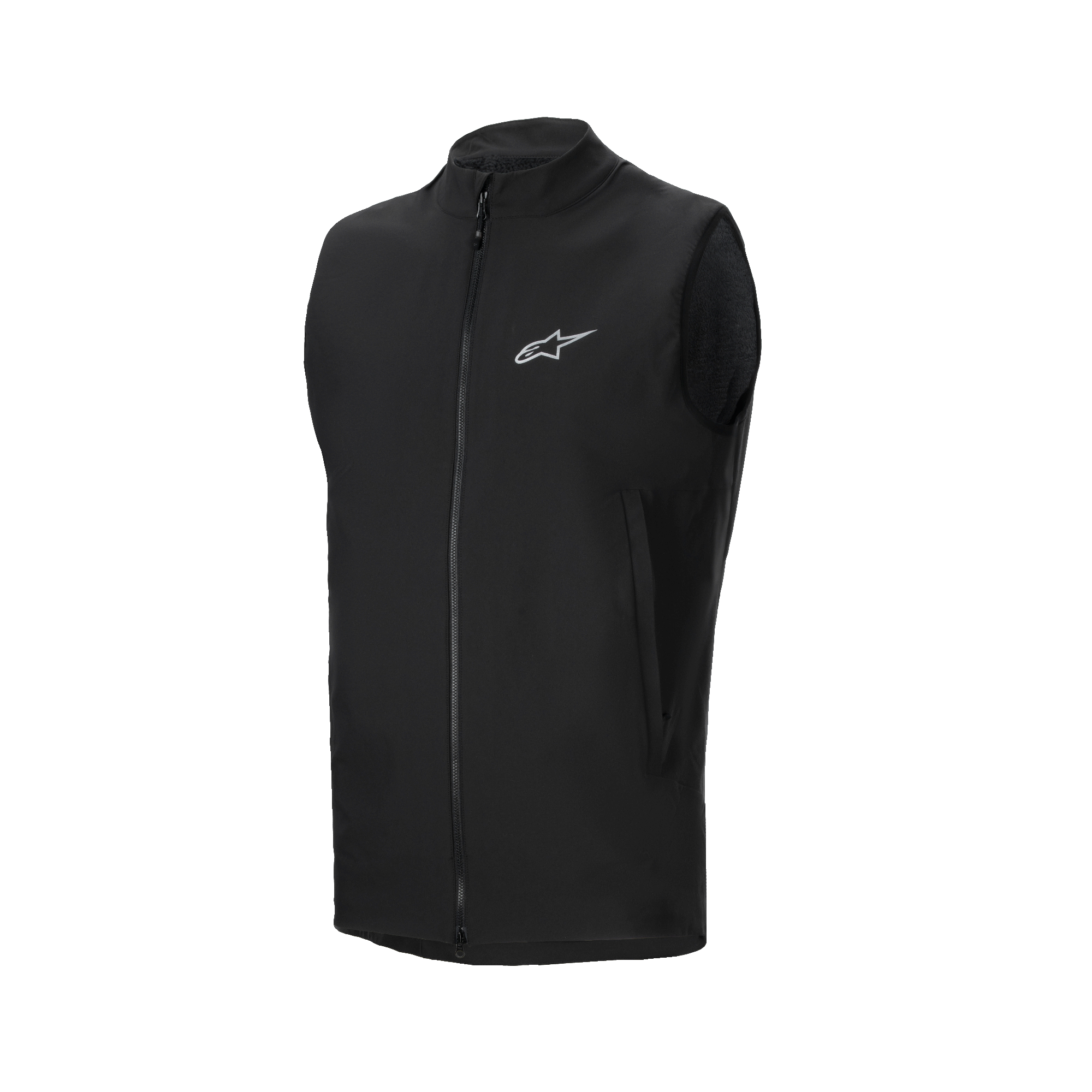 Alpinestars A-Dura Thermal Vest, sort cykelvest, med gennemgående lynlås foran og lille reflekterende Alpinestars-logo på brystet, sidelommer med lynlås, let isoleret design til mountainbike-kørsel i koldt vejr