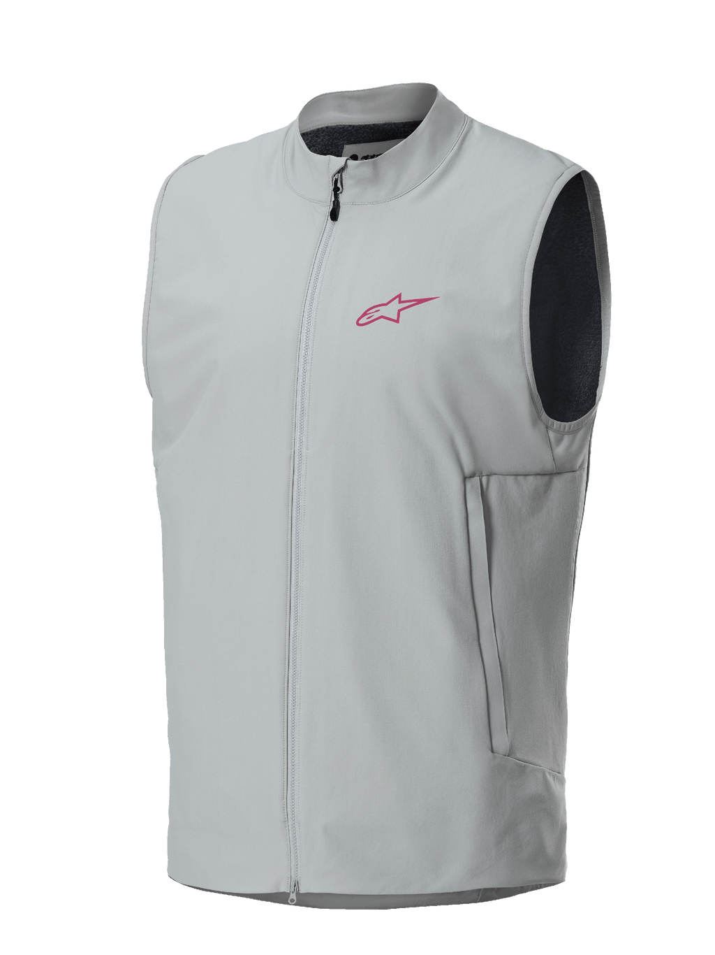 Alpinestars A-Dura Thermal Vest, Titanium grå, magenta Alpinestars stjerne-logo på brystet, gennemgående lynlås med lodrette sidelommer, letvægts isoleret vest til mountainbike og trailkørsel