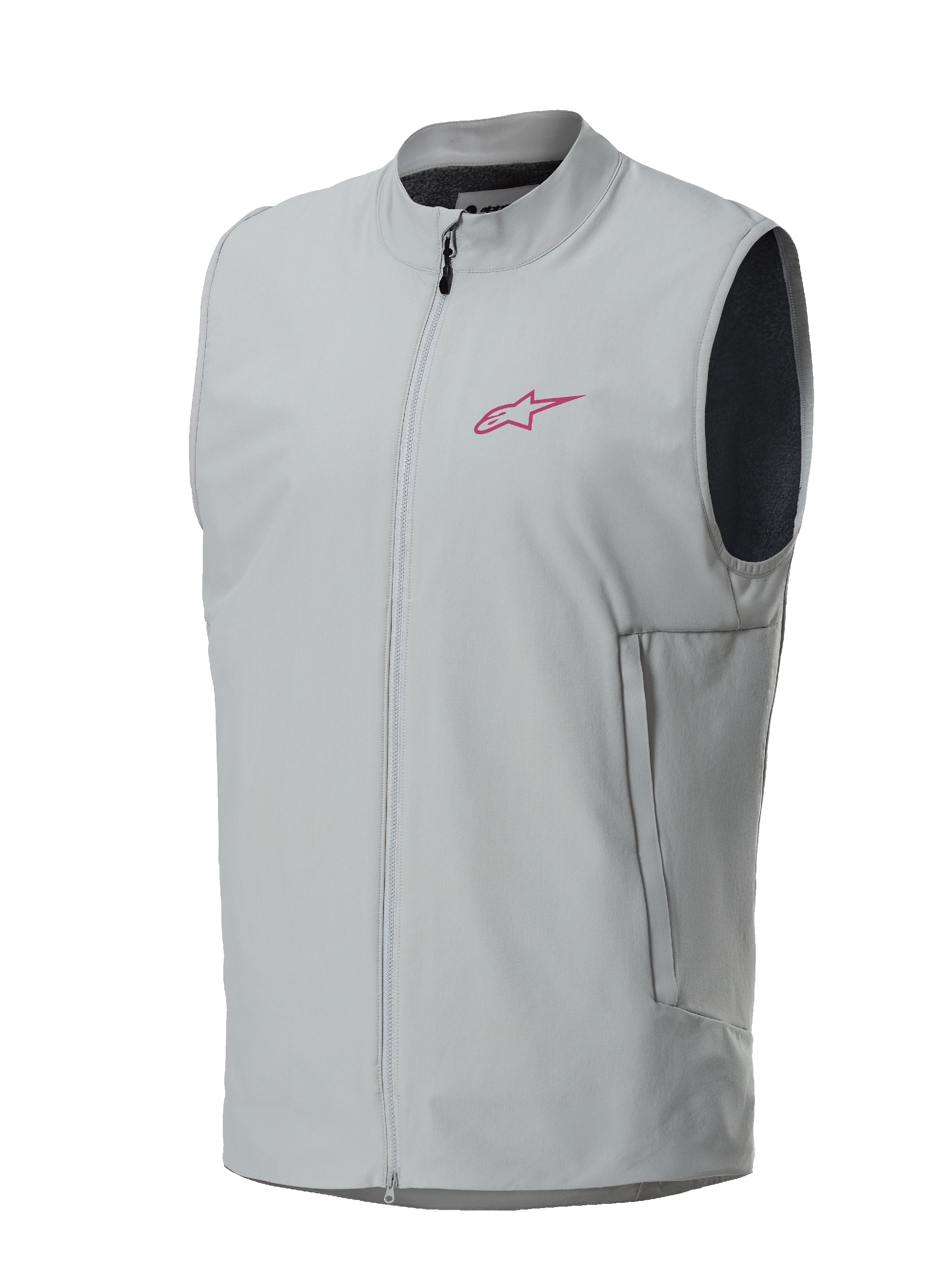 Alpinestars A-Dura Thermal Vest, Titanium grå, magenta Alpinestars stjerne-logo på brystet, gennemgående lynlås med lodrette sidelommer, letvægts isoleret vest til mountainbike og trailkørsel