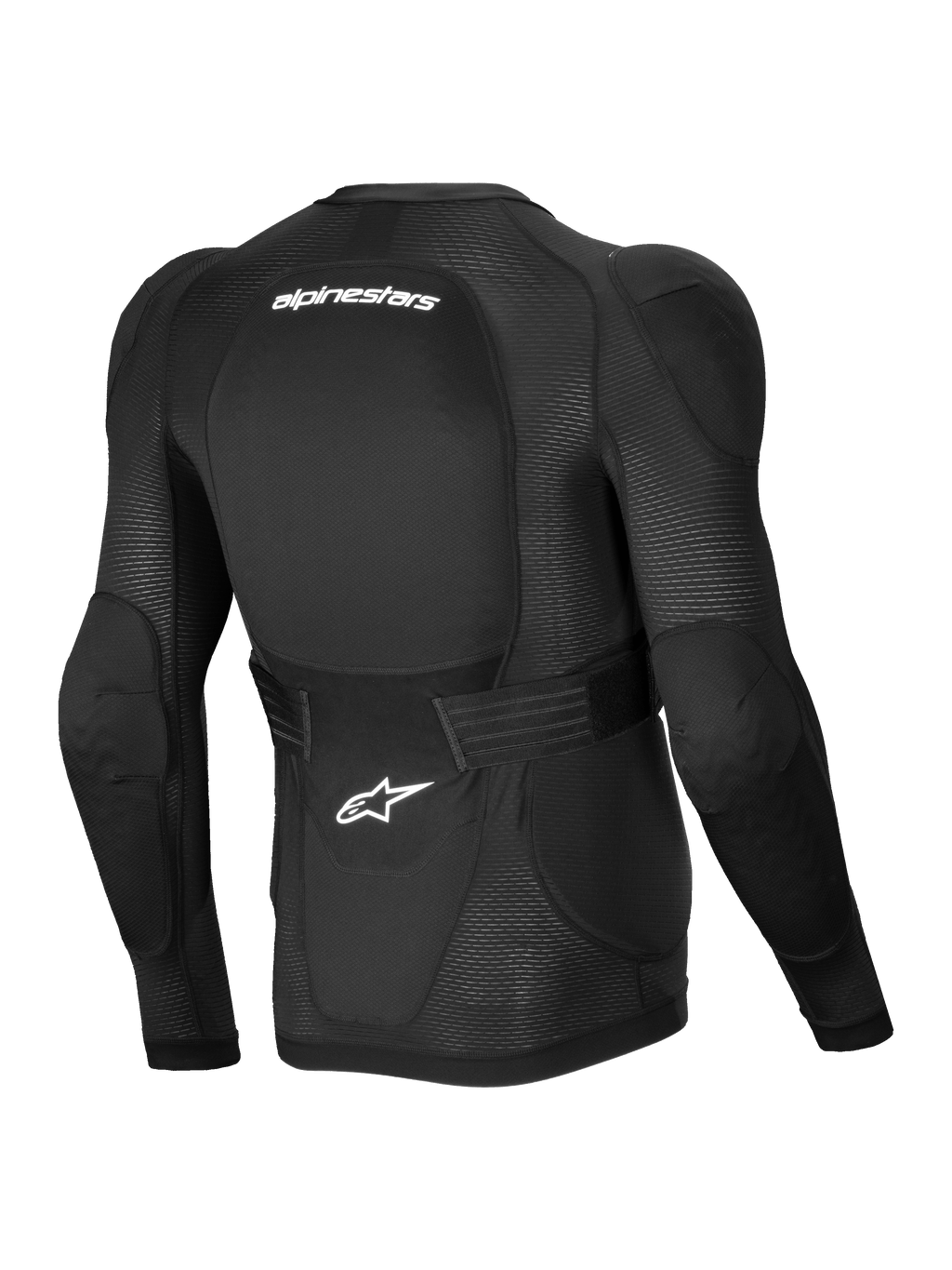 Alpinestars A-Impact Plasma beskyttelsesjakke, langærmet herre MTB beskyttelsesjakke, sort og hvid, CE-certificeret Nucleon Plasma ryg- og skulderbeskyttelse, set bagfra med åndbart strækmesh og justerbart nyrebælte