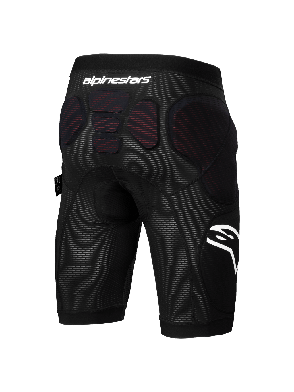 Alpinestars A-Impact Plasma beskyttelsesshorts, MTB-beskyttelsesshorts, sort og hvid, set bagfra med integreret beskyttelsespolstring på hofterne og den nedre rygsøjle, åndbart mesh-stof med hvidt Alpinestars-branding, designet til enduro- og gravity-cykling.