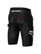 Alpinestars A-Impact Plasma beskyttelsesshorts, MTB-beskyttelsesshorts, sort og hvid, set bagfra med integreret beskyttelsespolstring på hofterne og den nedre rygsøjle, åndbart mesh-stof med hvidt Alpinestars-branding, designet til enduro- og gravity-cykling.