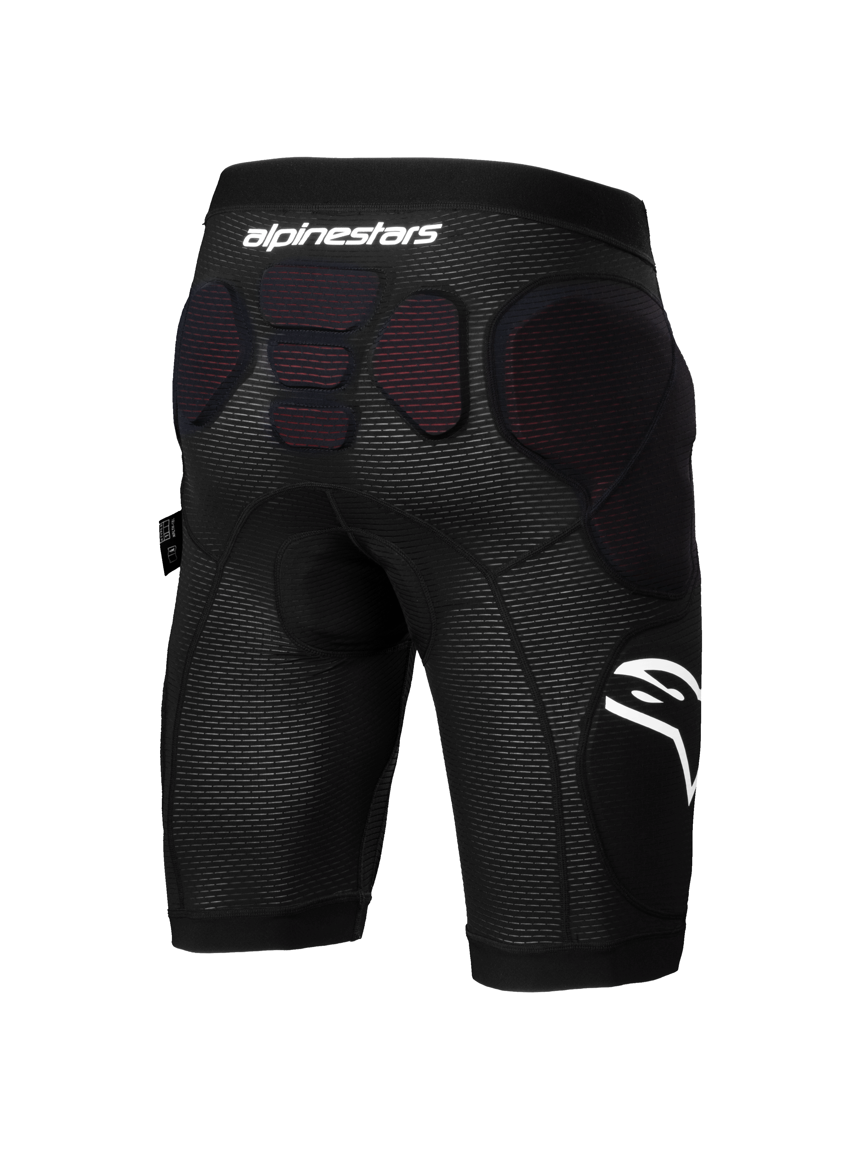 Alpinestars A-Impact Plasma beskyttelsesshorts, MTB-beskyttelsesshorts, sort og hvid, set bagfra med integreret beskyttelsespolstring på hofterne og den nedre rygsøjle, åndbart mesh-stof med hvidt Alpinestars-branding, designet til enduro- og gravity-cykling.