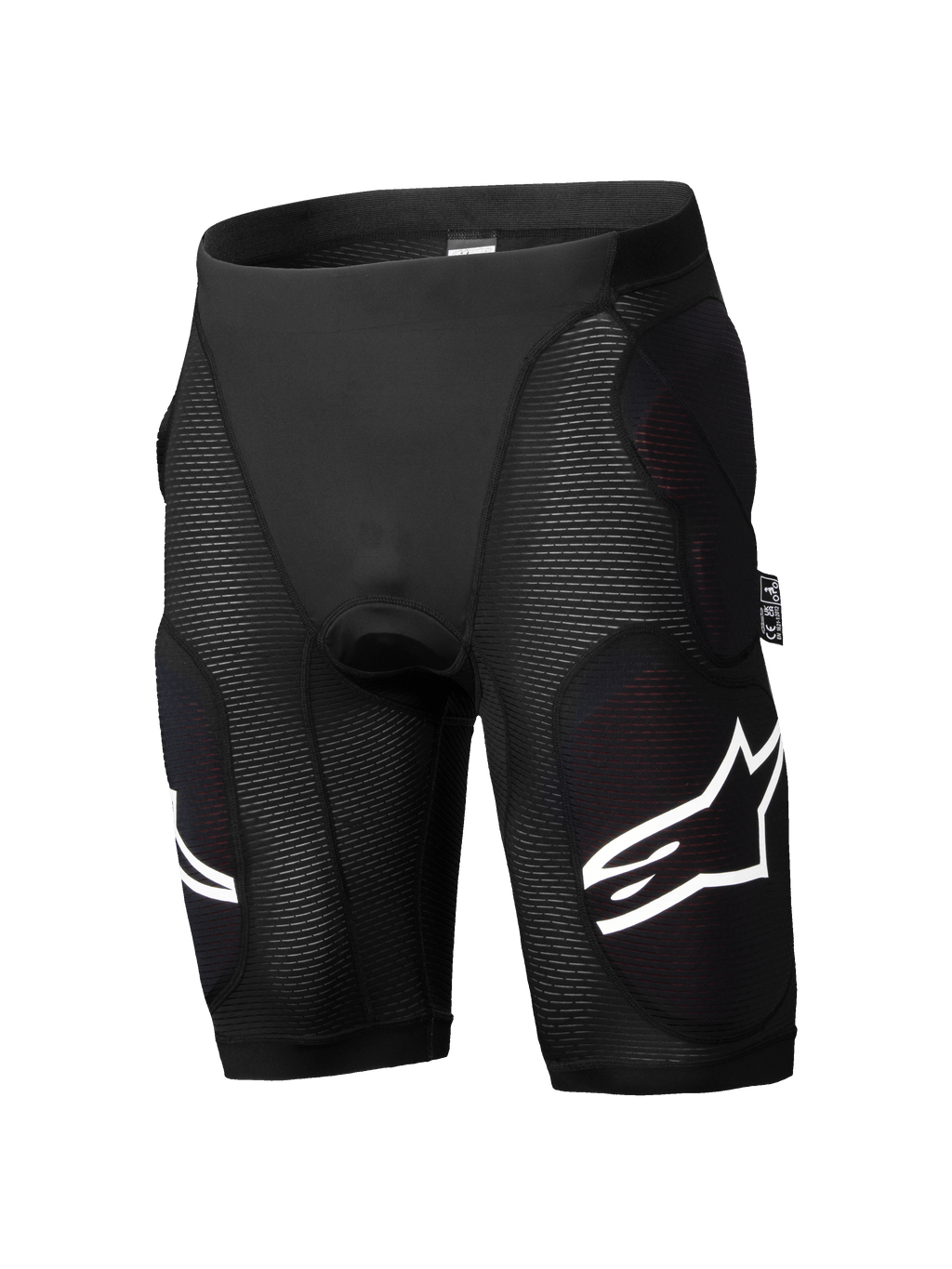 Alpinestars A-Impact Plasma beskyttelsesshorts, mountainbike beskyttelsesshorts, sort, integreret hofte- og lårpolstring, teksturerede ribpaneler, hvide logo-accenter, tætsiddende åndbart strækmateriale