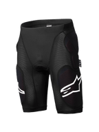 Alpinestars A-Impact Plasma beskyttelsesshorts, mountainbike beskyttelsesshorts, sort, integreret hofte- og lårpolstring, teksturerede ribpaneler, hvide logo-accenter, tætsiddende åndbart strækmateriale