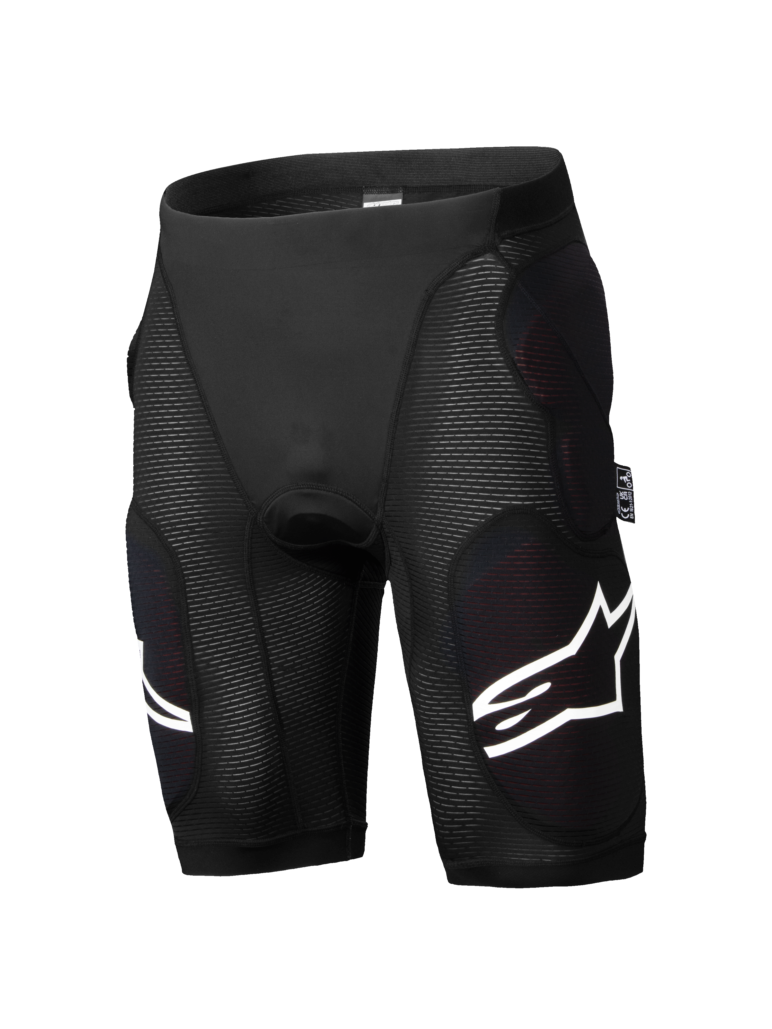 Alpinestars A-Impact Plasma beskyttelsesshorts, mountainbike beskyttelsesshorts, sort, integreret hofte- og lårpolstring, teksturerede ribpaneler, hvide logo-accenter, tætsiddende åndbart strækmateriale
