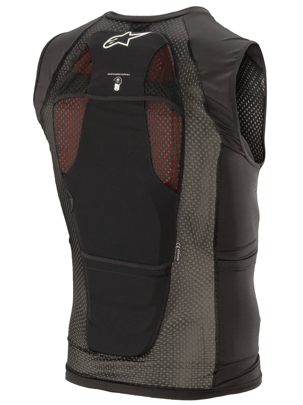 Alpinestars Paragon Plus Protection Vest, sort, set bagfra med letvægts stretch-mesh-konstruktion, hvidt Astar-logo, ikon for hydreringsblære-kompatibilitet og integreret CE-niveau 1 rygbeskytter.
