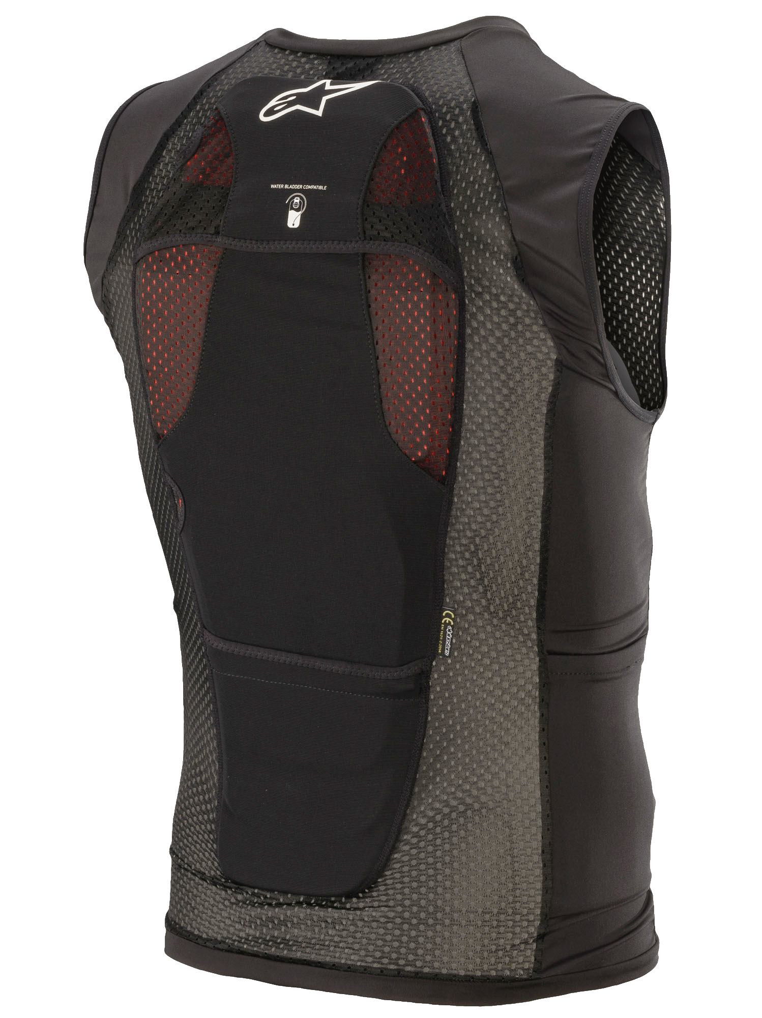 Alpinestars Paragon Plus Protection Vest, sort, set bagfra med letvægts stretch-mesh-konstruktion, hvidt Astar-logo, ikon for hydreringsblære-kompatibilitet og integreret CE-niveau 1 rygbeskytter.
