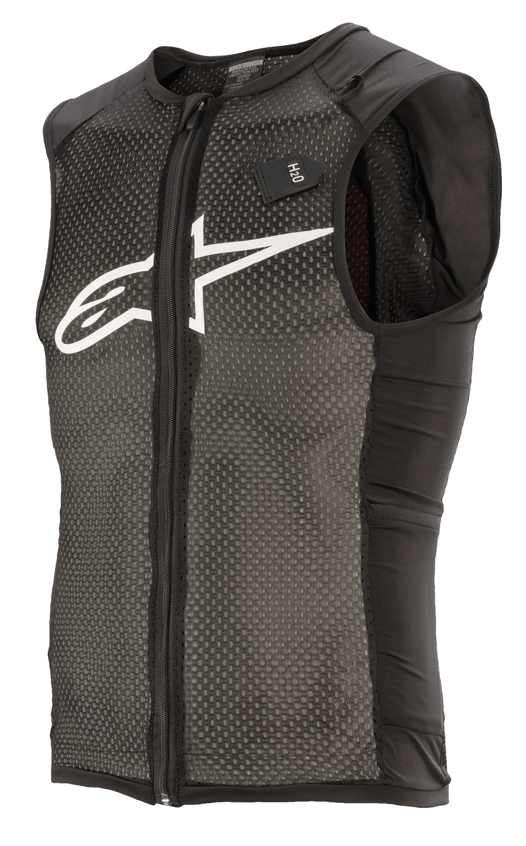 Alpinestars Paragon Plus Protection Vest, sort og hvid, letvægts MTB-beskyttelsesvest med ærmeløst design, gennemgående lynlås foran, tekstureret stræk-mesh-konstruktion, sorte sidepaneler, hvidt logo på brystet og H2O-væskesystemmærke.