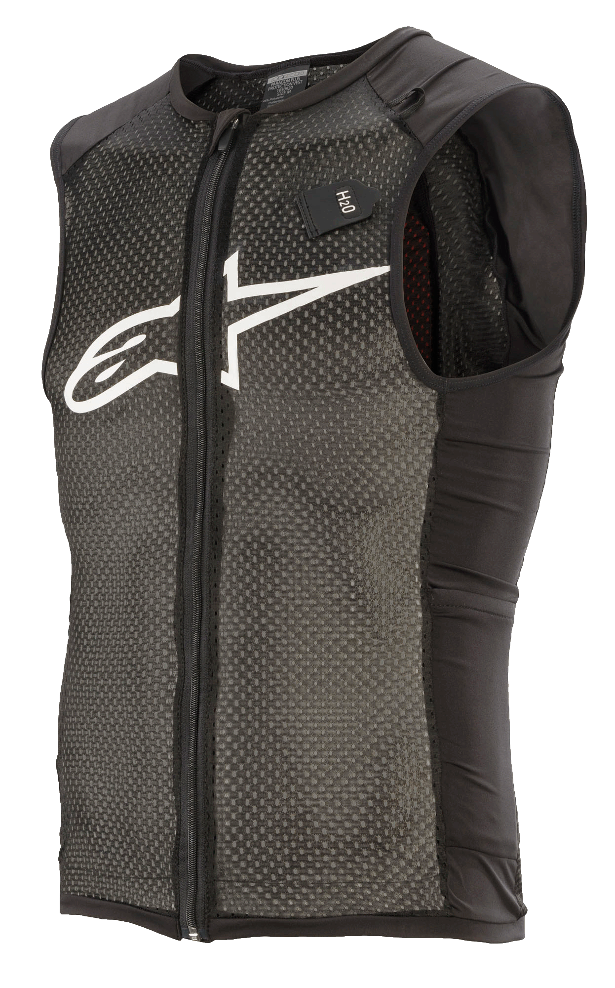 Alpinestars Paragon Plus Protection Vest, Black and White, Lightweight MTB protective vest with sleeveless design, full front zipper, textured stretch mesh main construction, solid black side panels, white logo on chest, and H2O hydration system tag.