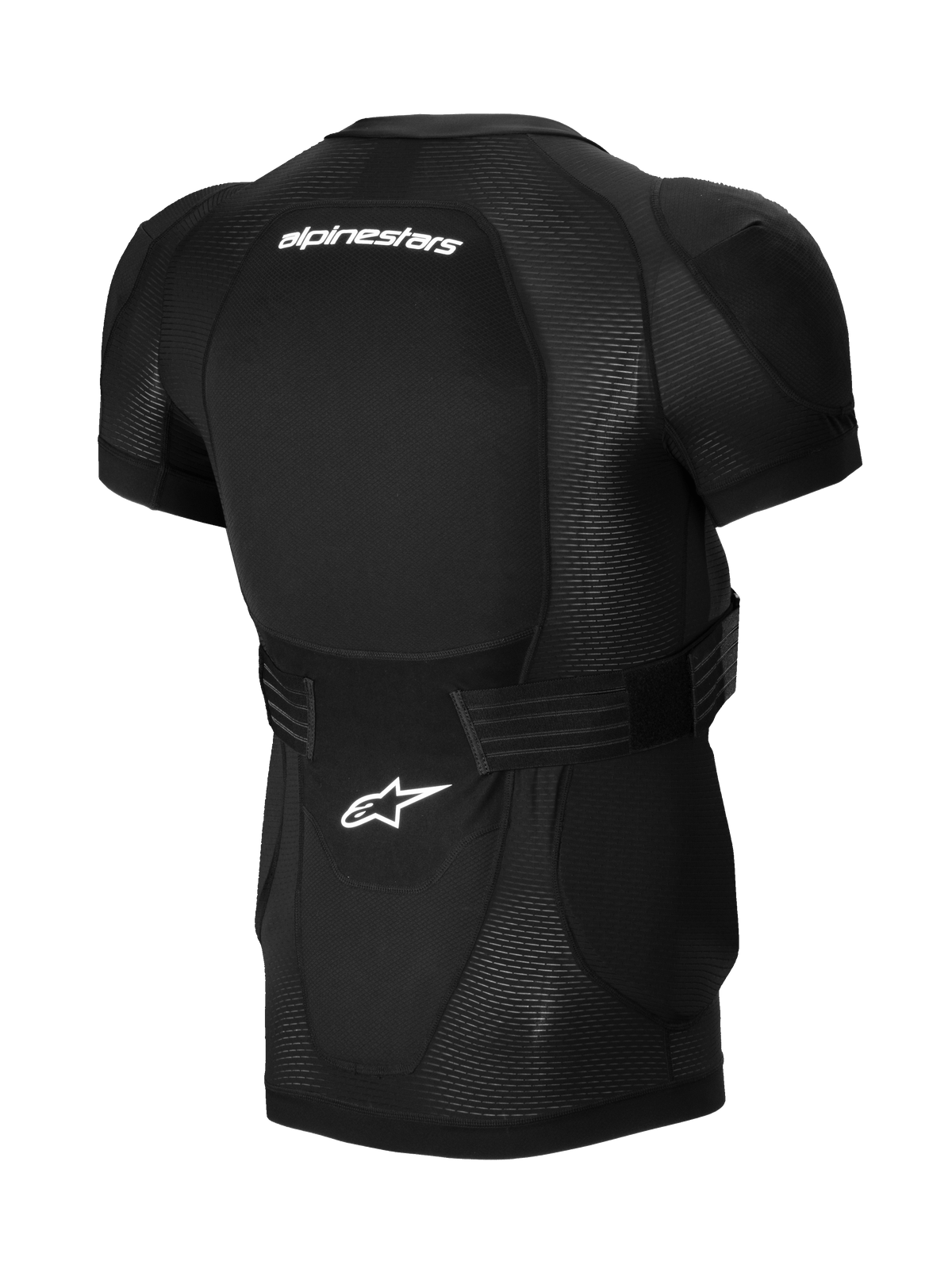 Alpinestars A-Impact Plasma beskyttelsesjakke - kortærmet, sort, set bagfra med integreret rygbeskytter, hvidt Alpinestars-branding, justerbar taljerem og åndbar mesh-konstruktion til MTB-beskyttelse