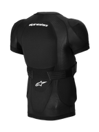 Alpinestars A-Impact Plasma beskyttelsesjakke - kortærmet, sort, set bagfra med integreret rygbeskytter, hvidt Alpinestars-branding, justerbar taljerem og åndbar mesh-konstruktion til MTB-beskyttelse