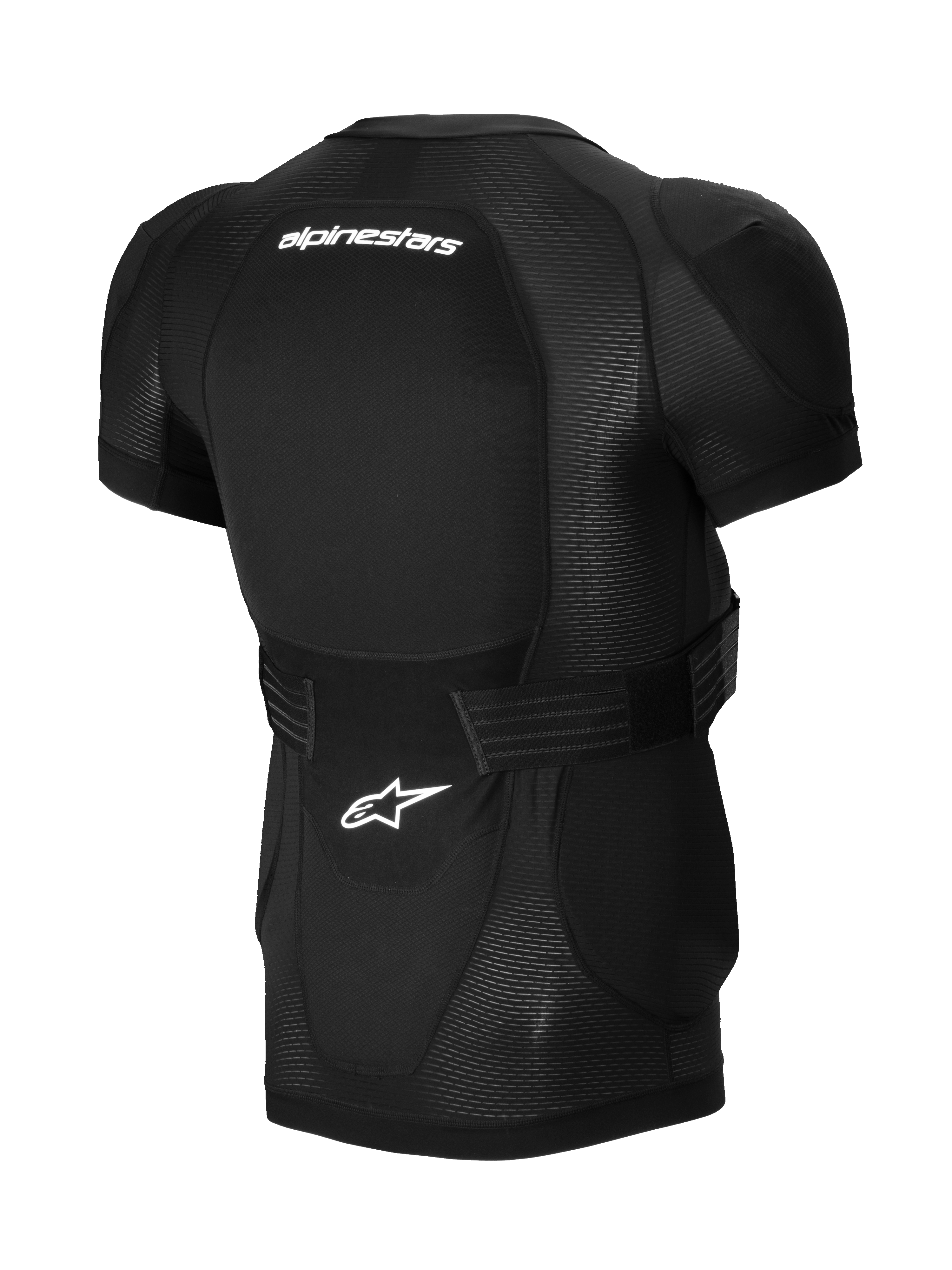 Alpinestars A-Impact Plasma beskyttelsesjakke - kortærmet, sort, set bagfra med integreret rygbeskytter, hvidt Alpinestars-branding, justerbar taljerem og åndbar mesh-konstruktion til MTB-beskyttelse