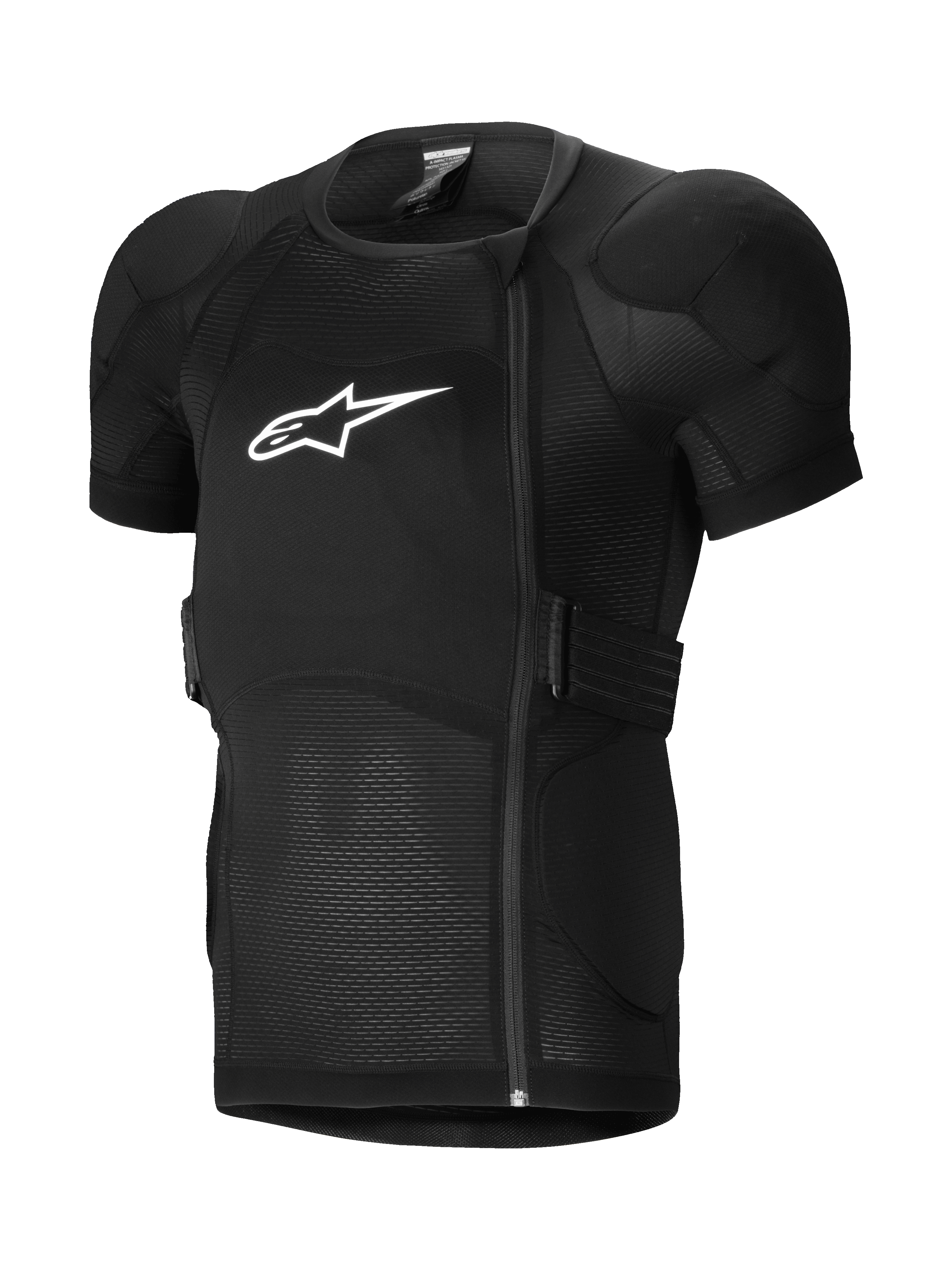 Alpinestars A-Impact Plasma beskyttelsesjakke med korte ærmer, MTB-beskyttelsesjakke, sort, med polstrede skuldre og brystbeskyttelse, forskudt lynlås i siden, åndbart ribbet mesh-stof og hvidt logo på brystet