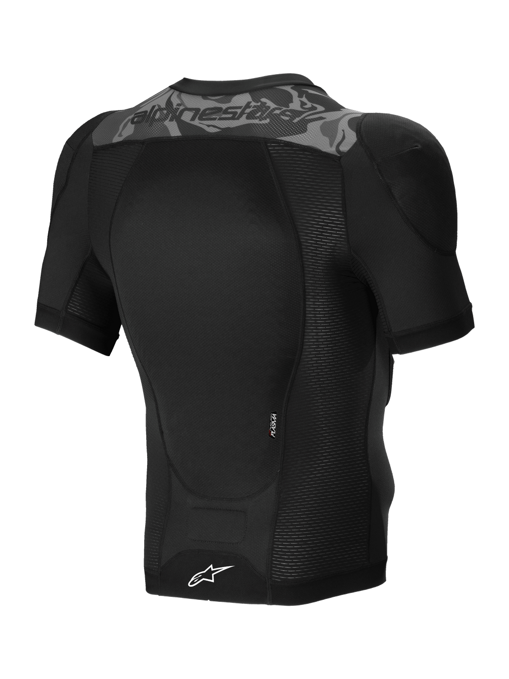 Alpinestars A-Motion Plasma beskyttelsesjakke, kortærmet mountainbike beskyttelsesjakke i sort camo, set bagfra med CE-certificeret Nucleon PLASMA rygbeskytter og stretch-mesh-konstruktion