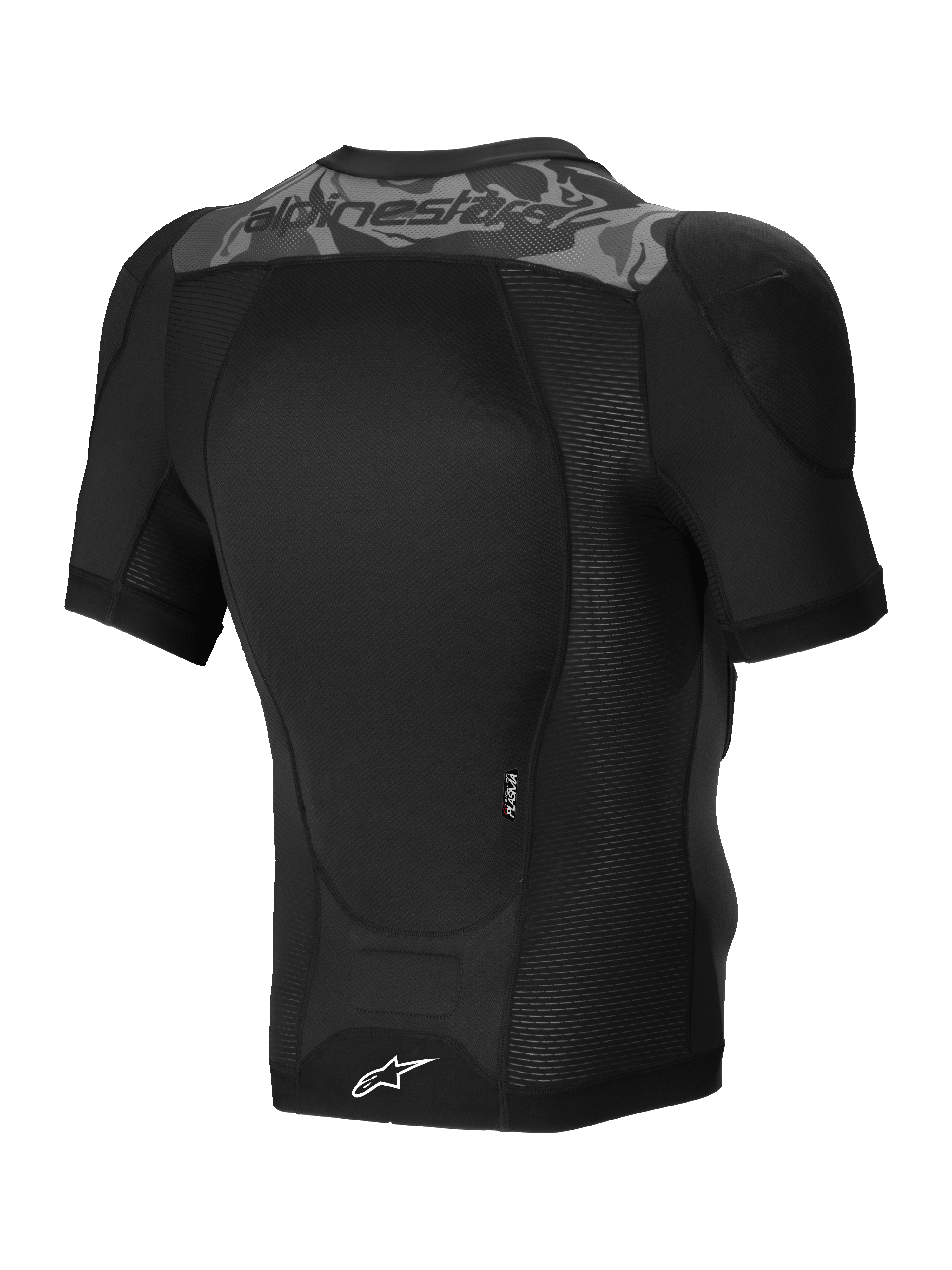 Alpinestars A-Motion Plasma beskyttelsesjakke, kortærmet mountainbike beskyttelsesjakke i sort camo, set bagfra med CE-certificeret Nucleon PLASMA rygbeskytter og stretch-mesh-konstruktion