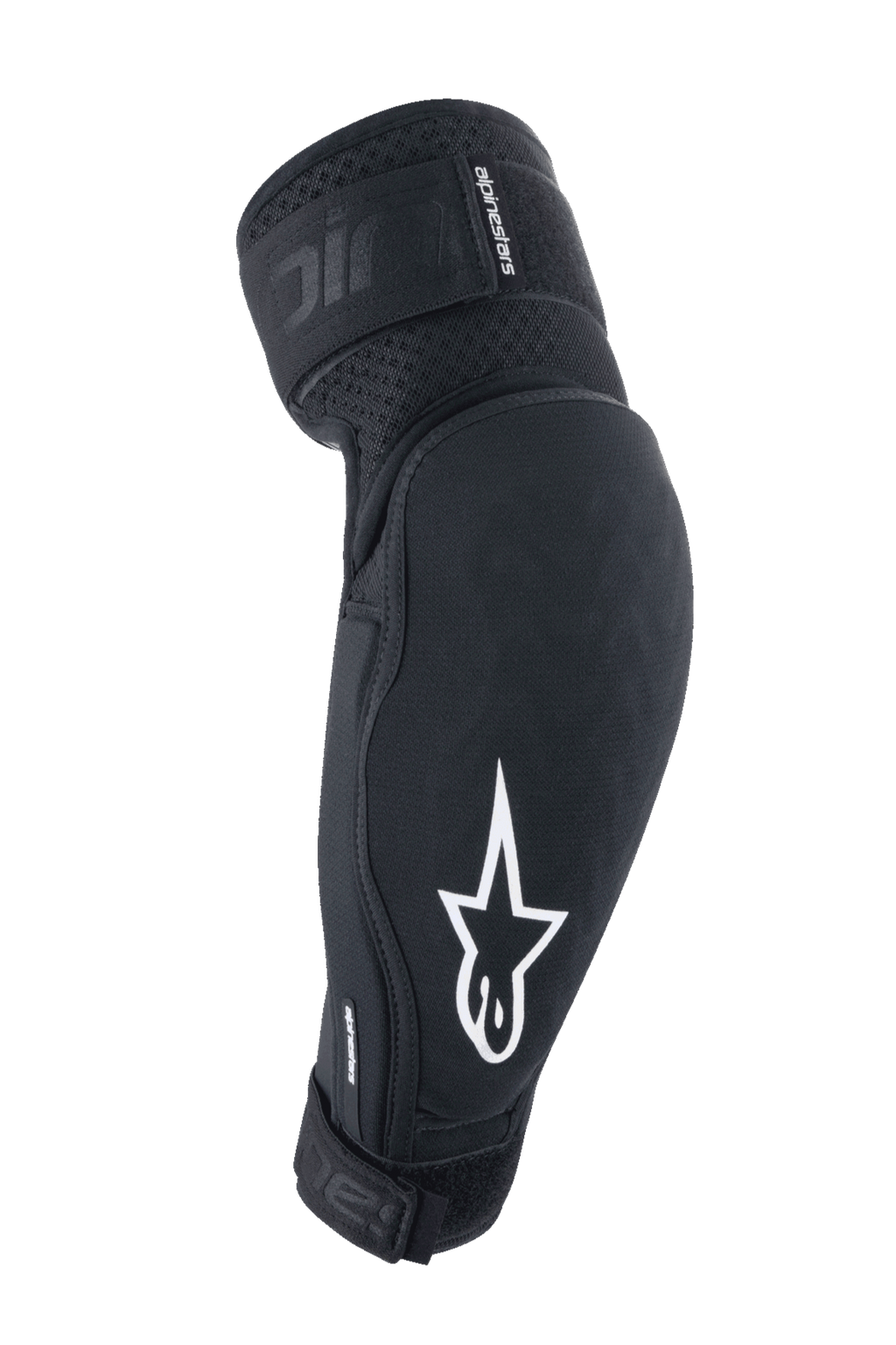 Alpinestars A-Impact Plasma Elite albuebeskyttere, sort og hvid, MTB-beskyttelsesudstyr med hvidt stjerne-logo, åndbart tekstureret stof, justerbare remme med velcro-lukning, forbøjet ergonomisk design