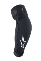 Alpinestars A-Impact Plasma Elite albuebeskyttere, sort og hvid, MTB-beskyttelsesudstyr med hvidt stjerne-logo, åndbart tekstureret stof, justerbare remme med velcro-lukning, forbøjet ergonomisk design