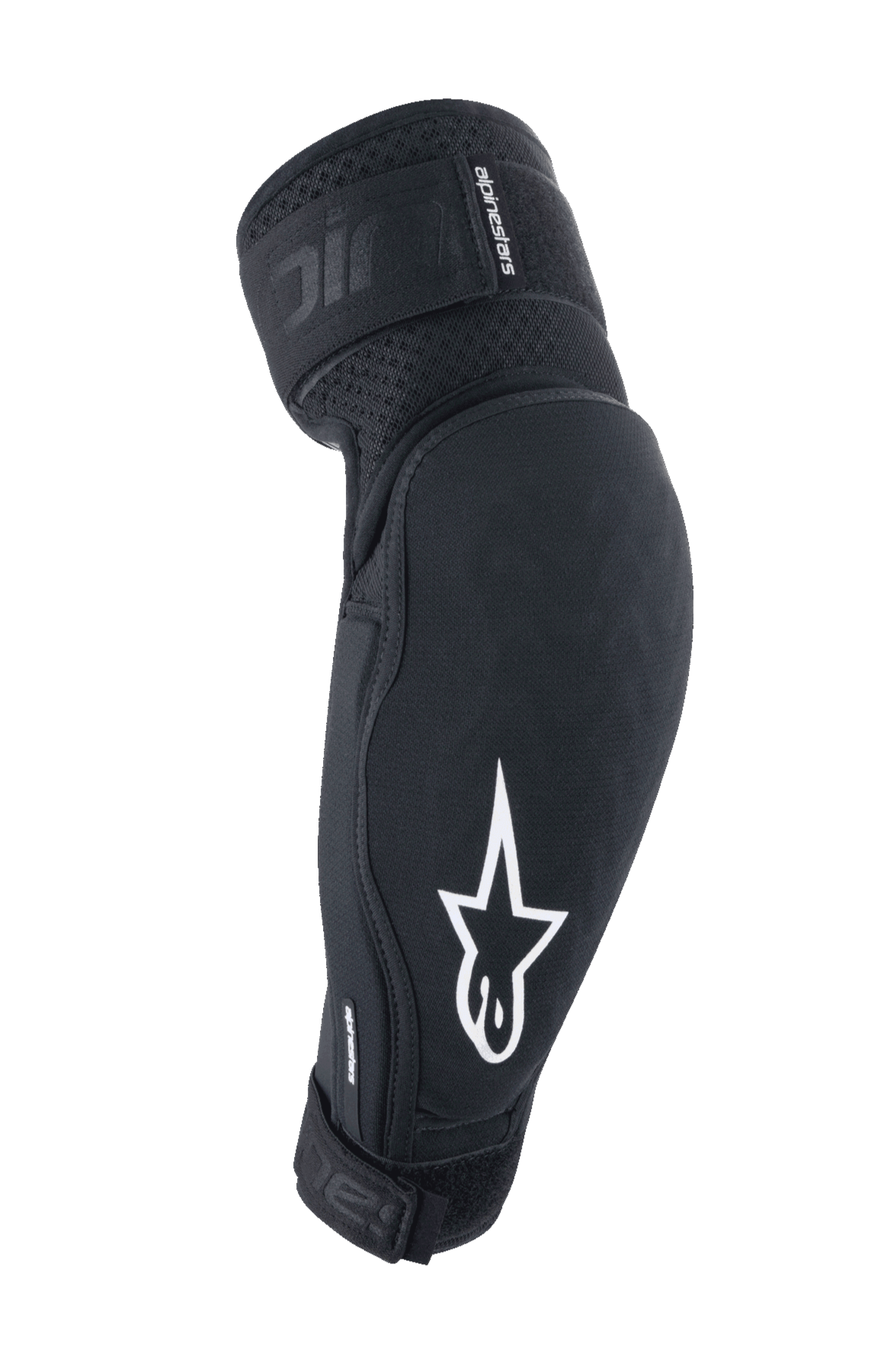 Alpinestars A-Impact Plasma Elite albuebeskyttere, sort og hvid, MTB-beskyttelsesudstyr med hvidt stjerne-logo, åndbart tekstureret stof, justerbare remme med velcro-lukning, forbøjet ergonomisk design