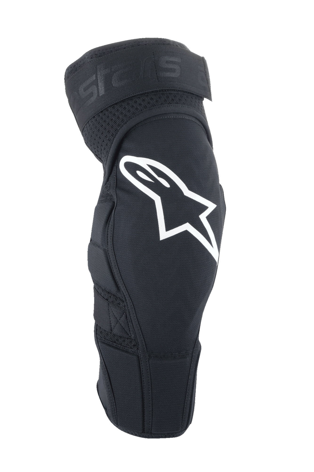 Alpinestars A-Impact Plasma Elite knæbeskytter, MTB-knæbeskyttere, sort med hvidt Astar-logo, ergonomisk forbuet design med mesh-ventilation, justerbar dobbelt strop-lukning