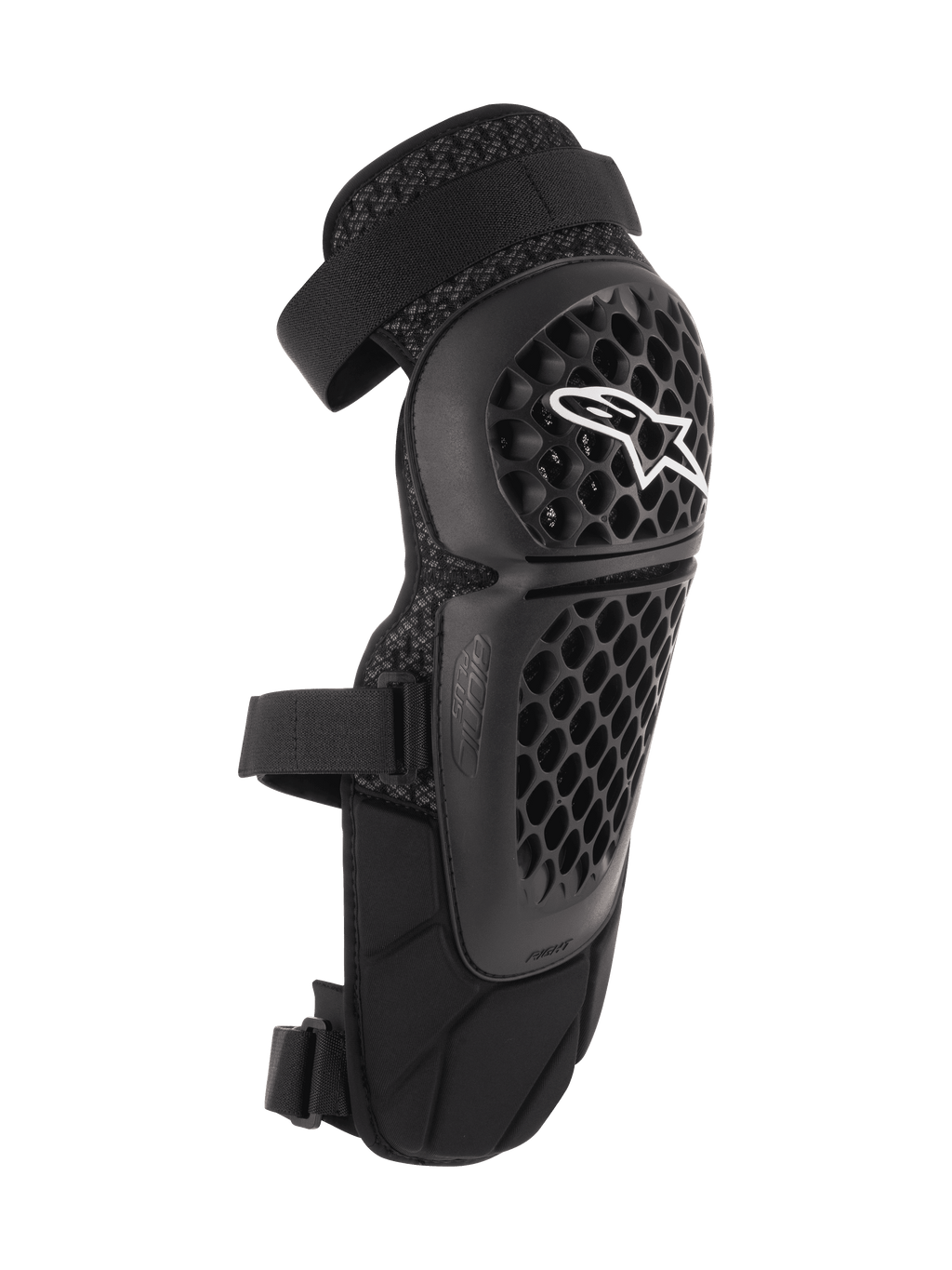Alpinestars Bionic Plus knæ- og skinnebensbeskyttere, sort, off-road- og MTB-beskyttelse, perforeret bikubemønstret skal med hvidt Alpinestars-logo, dobbelte justerbare remme, 3D-mesh-ventilation, ergonomisk buet design