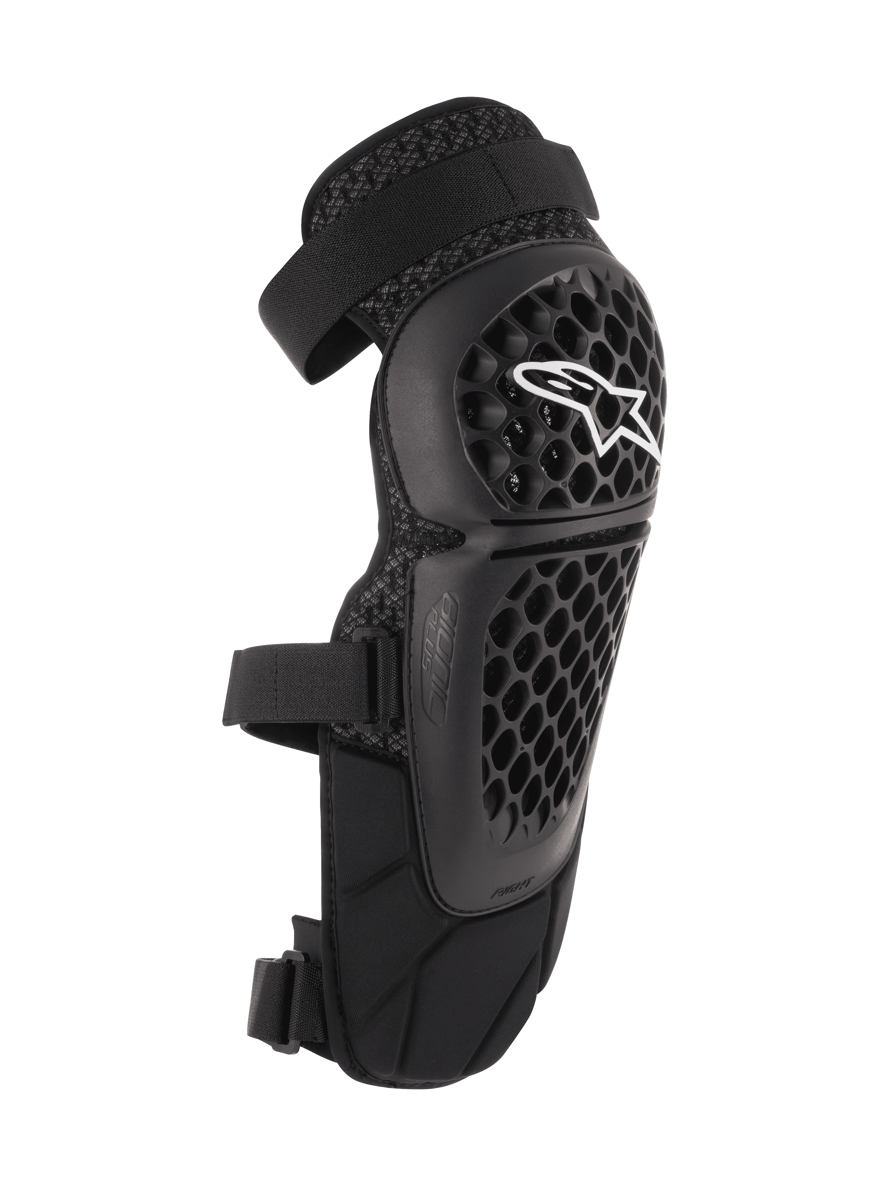Alpinestars Bionic Plus knæ- og skinnebensbeskyttere, sort, off-road- og MTB-beskyttelse, perforeret bikubemønstret skal med hvidt Alpinestars-logo, dobbelte justerbare remme, 3D-mesh-ventilation, ergonomisk buet design