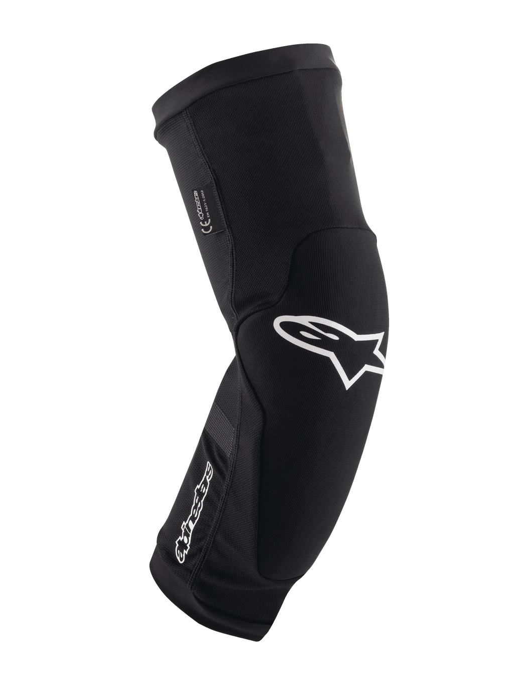 Alpinestars Paragon Plus knæbeskyttere, sort og hvid, MTB mountainbike-beskyttelse, åndbart slip-on mesh-sleeve, kurvet ergonomisk design med hvidt stjernelogo, polstret konstruktion til off-road kørsel