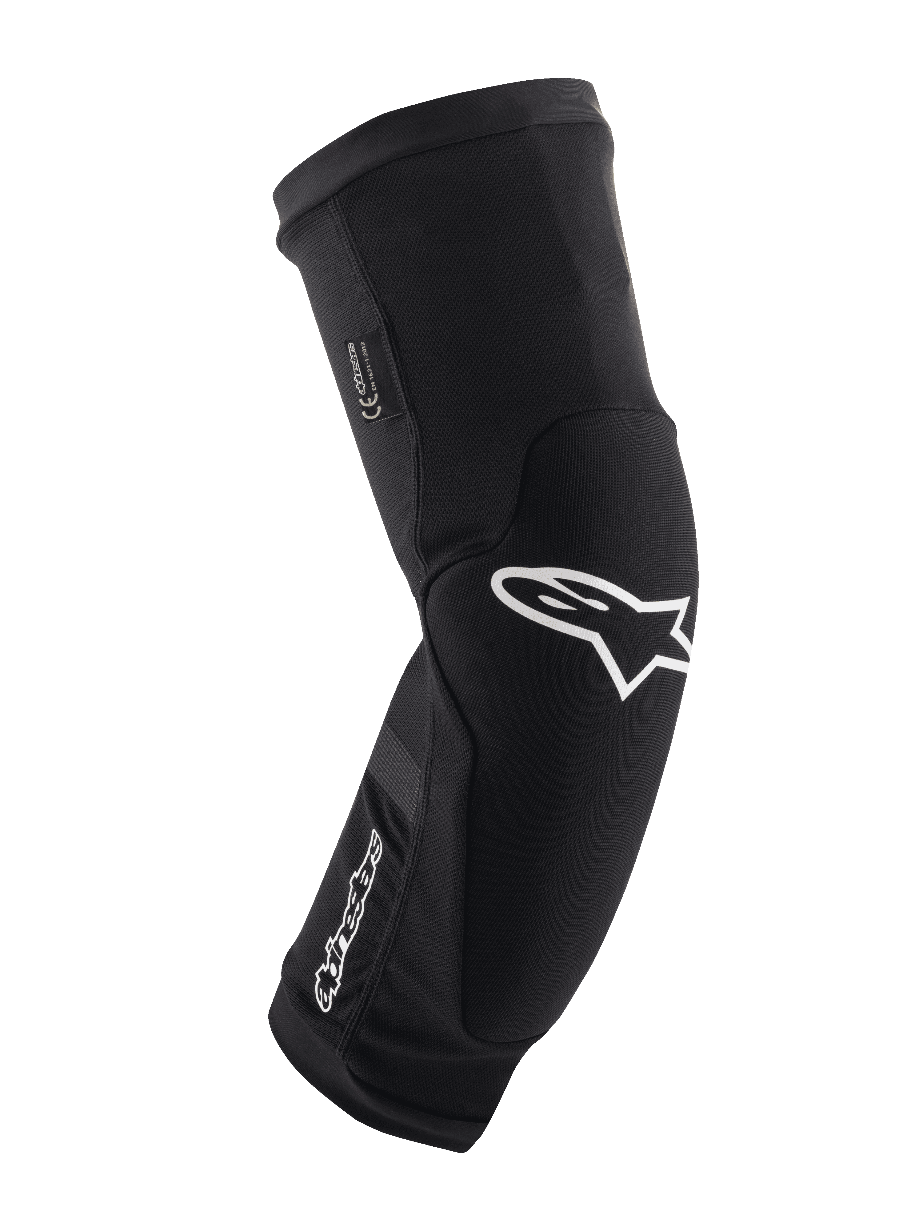Alpinestars Paragon Plus knæbeskyttere, sort og hvid, MTB mountainbike-beskyttelse, åndbart slip-on mesh-sleeve, kurvet ergonomisk design med hvidt stjernelogo, polstret konstruktion til off-road kørsel