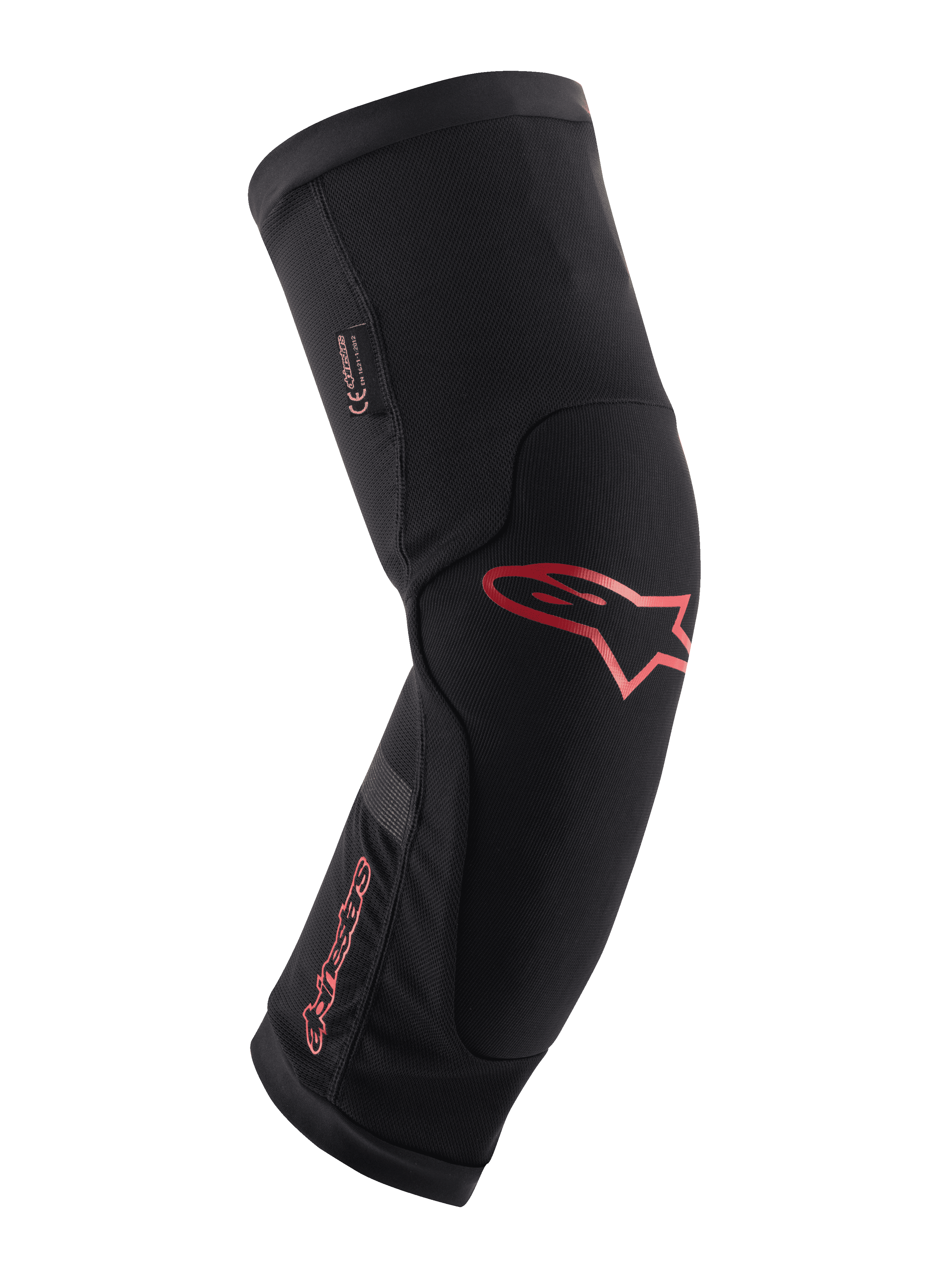 Alpinestars Paragon Plus knæbeskytter, sort med rødt Alpinestars-logo og tekstlogo, ergonomisk slip-on-design, åndbart mesh-stof med forstærkede paneler, beskyttelsesudstyr til mountainbike