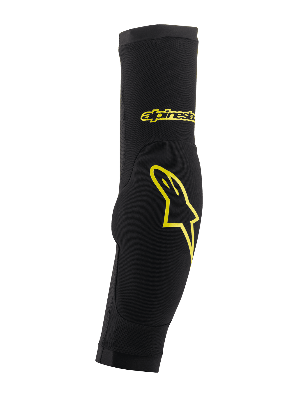Alpinestars Paragon Plus albubeskyttere, sort og Acid Yellow, slip-on ærme-design med integreret polstring, gult stjerne-logo og tekstbranding, åndbart mesh til MTB-beskyttelse