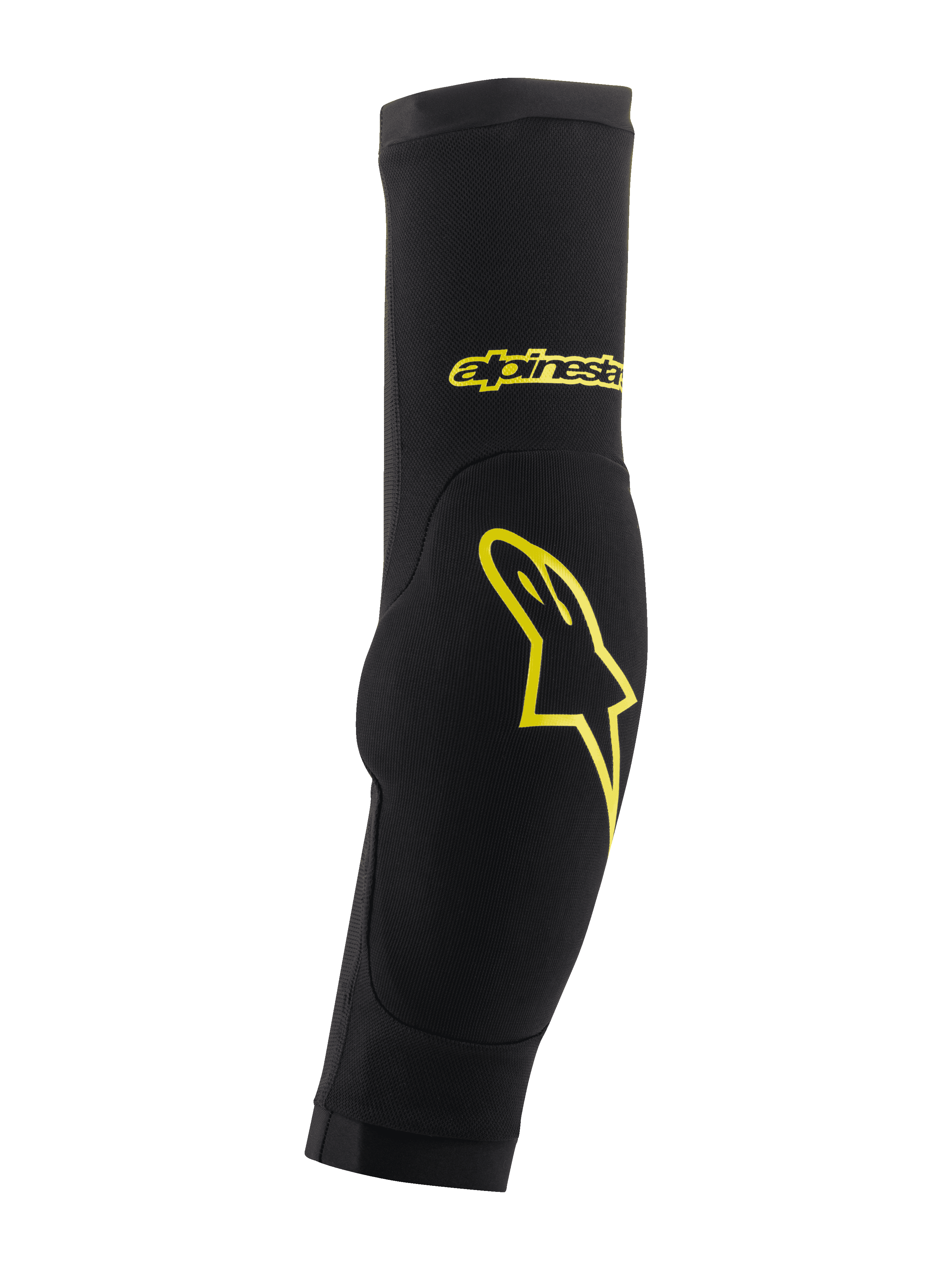 Alpinestars Paragon Plus albubeskyttere, sort og Acid Yellow, slip-on ærme-design med integreret polstring, gult stjerne-logo og tekstbranding, åndbart mesh til MTB-beskyttelse