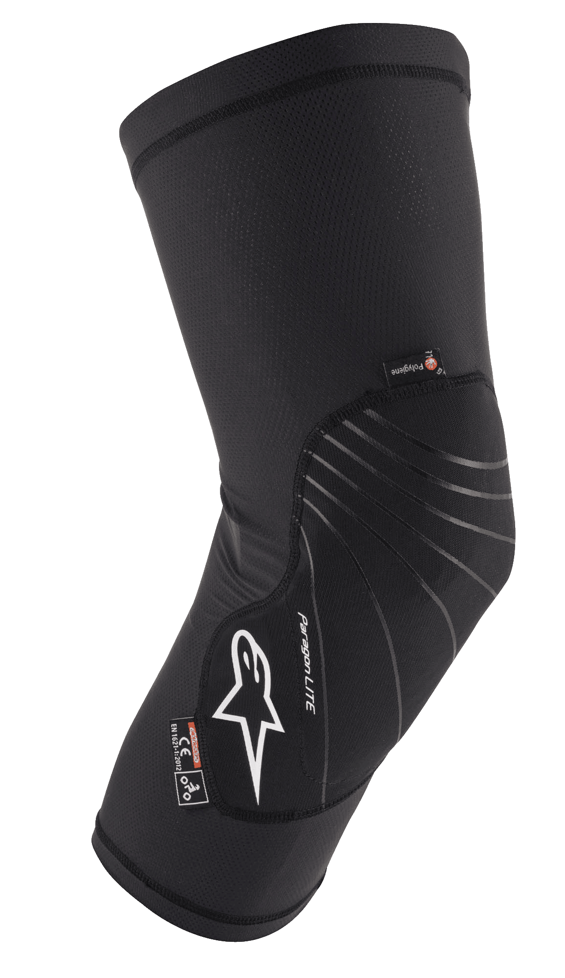 Alpinestars Paragon Lite Knee Protector, Black, lightweight protective gear with textured mesh construction, white logo, gray design lines, slip-on sleeve design, featuring CE Level 1 and Polygiene tags, designed for MTB and off-road cycling