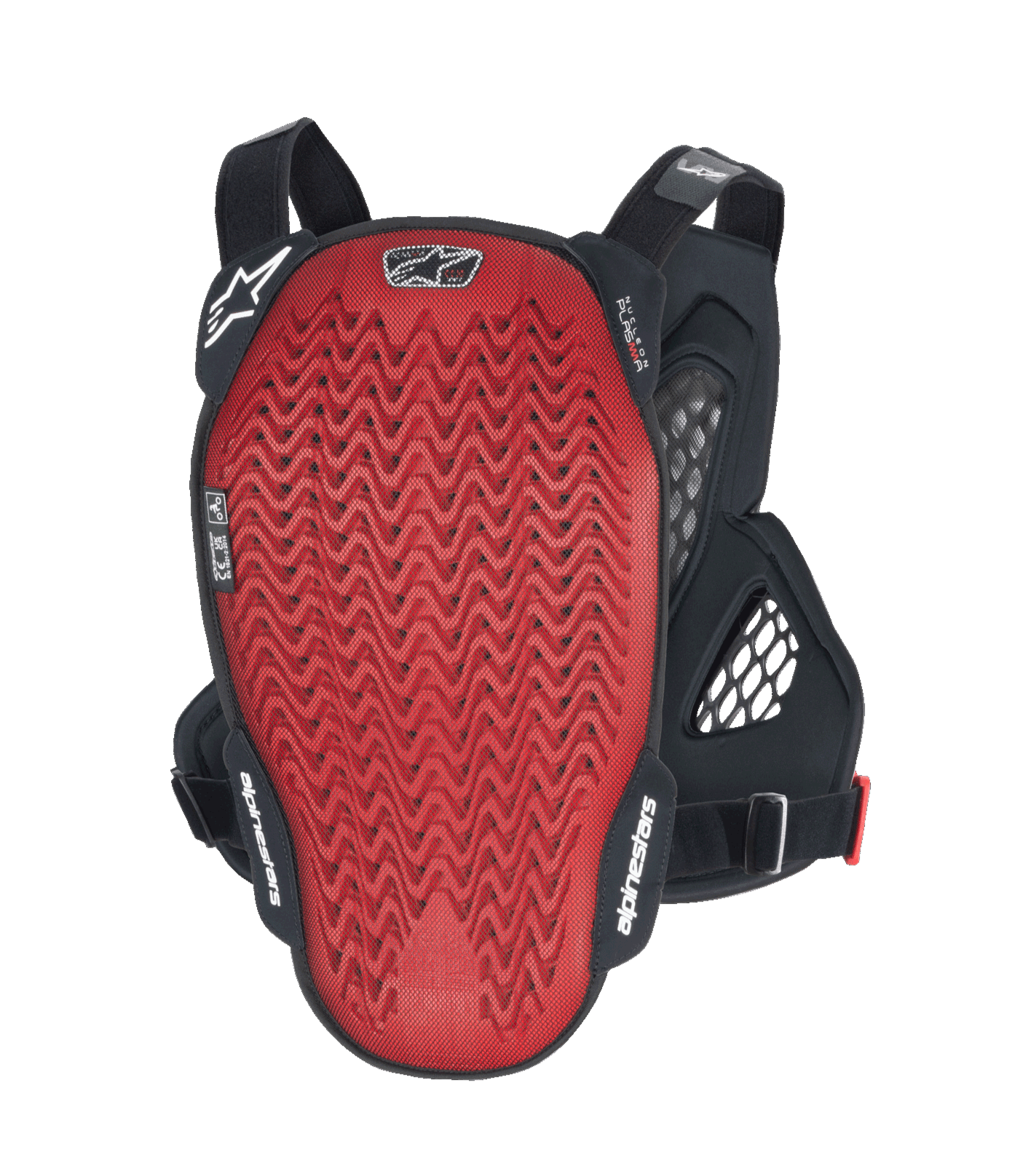 Alpinestars A-6 Plasma brystbeskytter, set bagfra, rød struktureret Nucleon PLASMA-rygplade med sorte sidevinger og justerbare stropper, MTB gravity-beskyttelsesudstyr i Black Anthracite Red