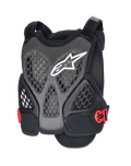 Alpinestars A-6 Plasma brystbeskytter, MTB brystbeskytter, sort antracit og rød, med hvidt stjernelogo, perforerede honeycomb mesh-paneler for ventilation, røde sidespænder og justerbare skulderstropper, designet til off-road og gravity mountainbike-beskyttelse.