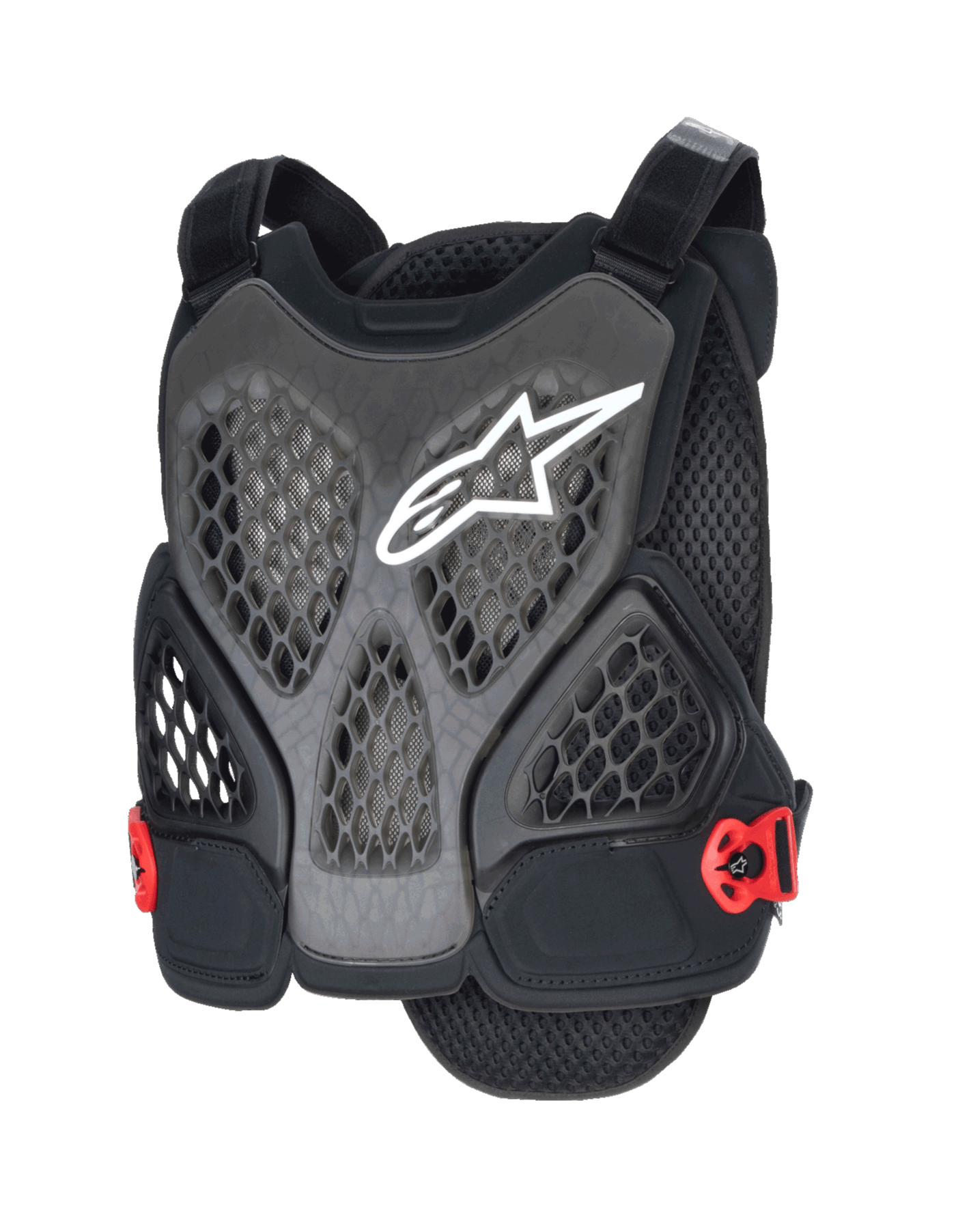 Alpinestars A-6 Plasma brystbeskytter, MTB brystbeskytter, sort antracit og rød, med hvidt stjernelogo, perforerede honeycomb mesh-paneler for ventilation, røde sidespænder og justerbare skulderstropper, designet til off-road og gravity mountainbike-beskyttelse.