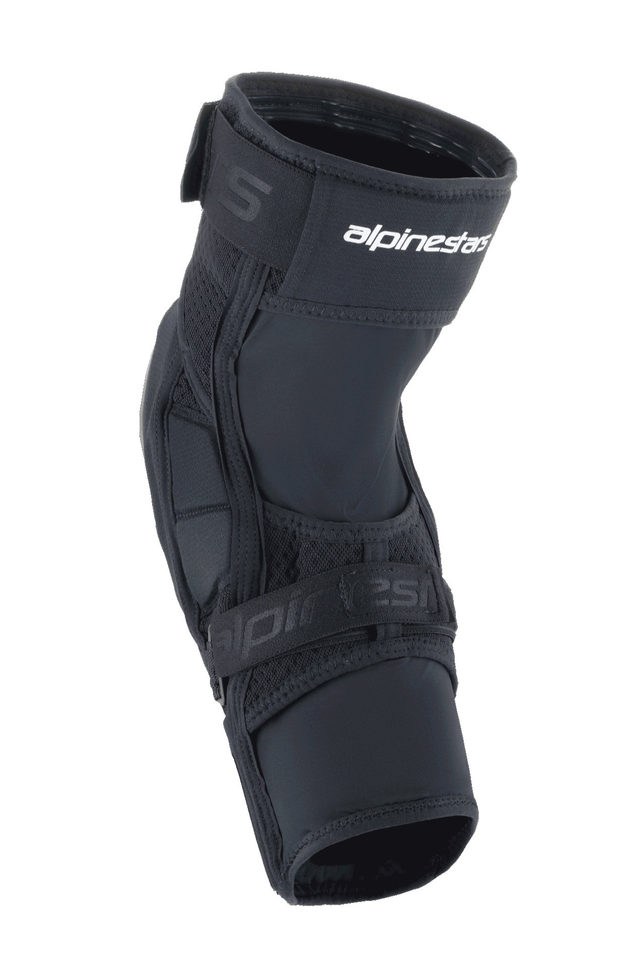 Alpinestars A-Impact Plasma Elite Shield knæbeskyttere, MTB-beskyttelsesudstyr, sort med hvidt logo, med et forbuet ergonomisk design, dobbelt strop-lukning og åndbare mesh-paneler til mountainbike.